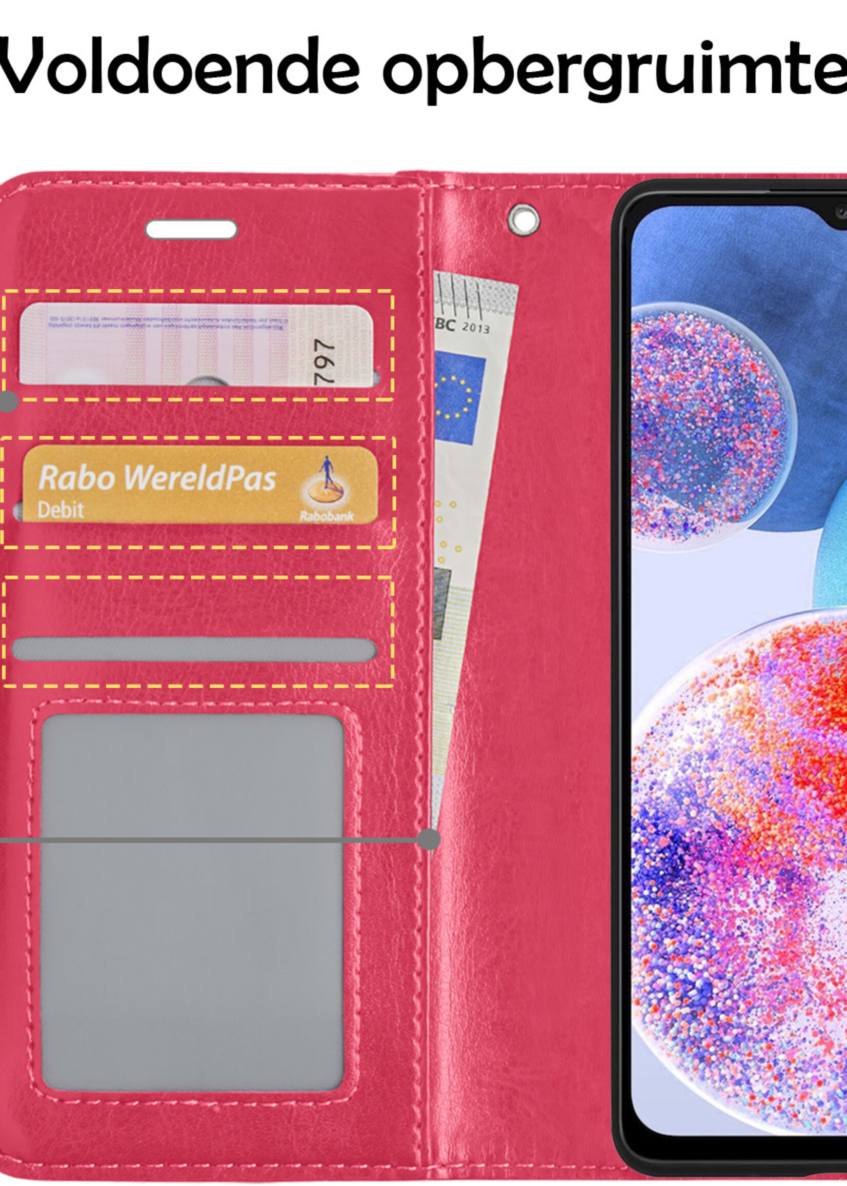 Hoesje Geschikt voor Samsung A23 Hoesje Book Case Hoes Wallet Cover Met 2x Screenprotector - Hoes Geschikt voor Samsung Galaxy A23 Hoesje Bookcase Hoes - Donkerroze