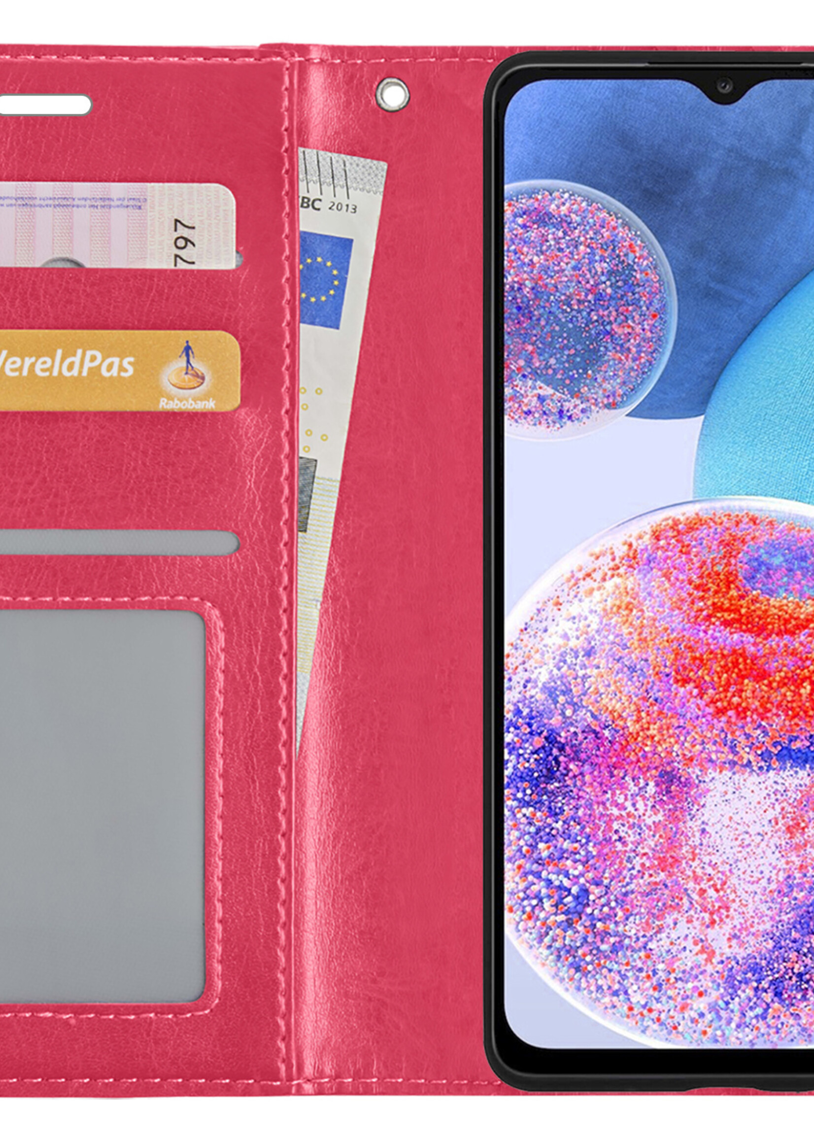 LUQ Hoesje Geschikt voor Samsung A23 Hoesje Book Case Hoes Wallet Cover Met 2x Screenprotector - Hoes Geschikt voor Samsung Galaxy A23 Hoesje Bookcase Hoes - Donkerroze