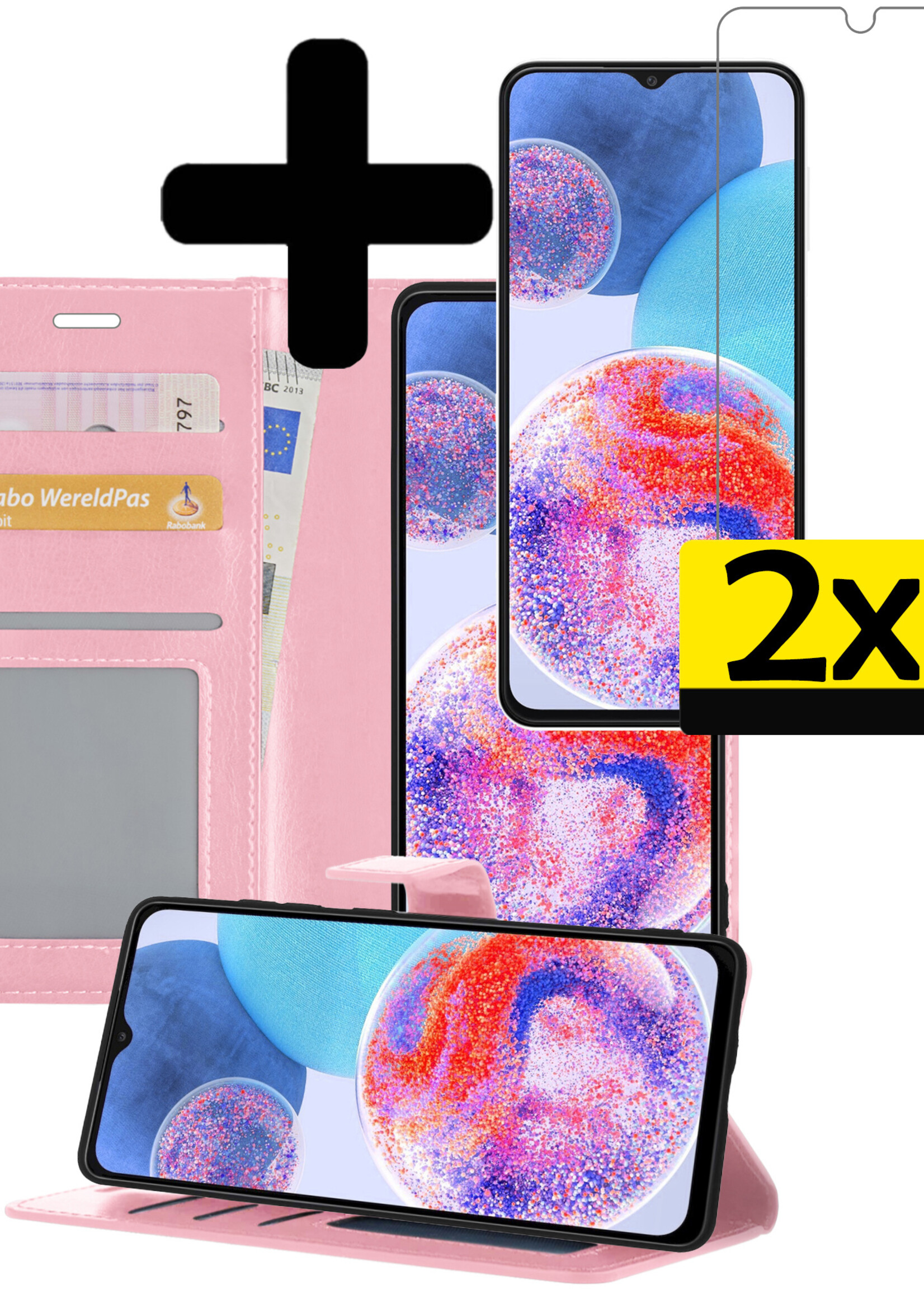 LUQ Hoesje Geschikt voor Samsung A23 Hoesje Book Case Hoes Wallet Cover Met 2x Screenprotector - Hoes Geschikt voor Samsung Galaxy A23 Hoesje Bookcase Hoes - Lichtroze