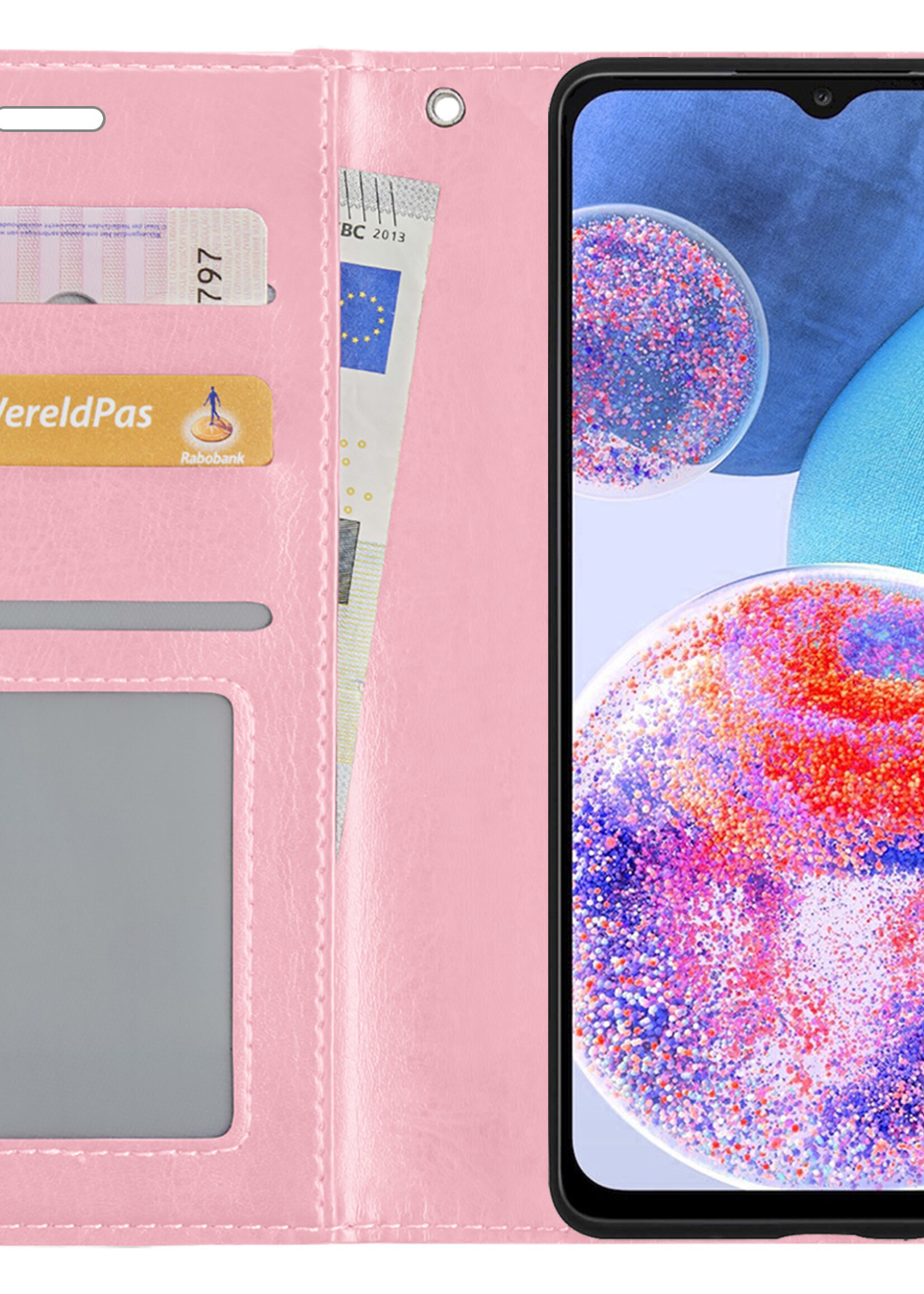 LUQ Hoesje Geschikt voor Samsung A23 Hoesje Book Case Hoes Wallet Cover Met 2x Screenprotector - Hoes Geschikt voor Samsung Galaxy A23 Hoesje Bookcase Hoes - Lichtroze