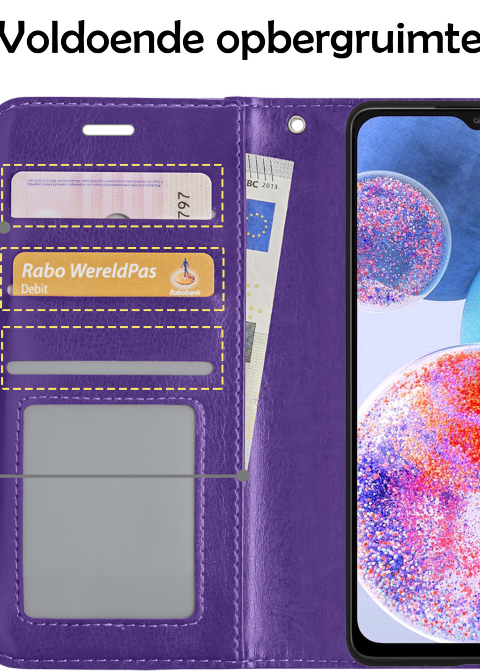 Hoesje Geschikt voor Samsung A23 Hoesje Book Case Hoes Wallet Cover Met 2x Screenprotector - Hoes Geschikt voor Samsung Galaxy A23 Hoesje Bookcase Hoes - Paars