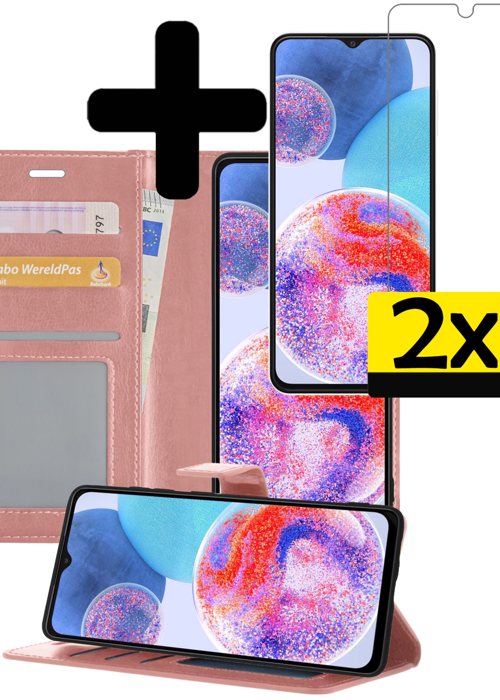 Hoesje Geschikt voor Samsung A23 Hoesje Book Case Hoes Wallet Cover Met 2x Screenprotector - Hoes Geschikt voor Samsung Galaxy A23 Hoesje Bookcase Hoes - Rosé goud