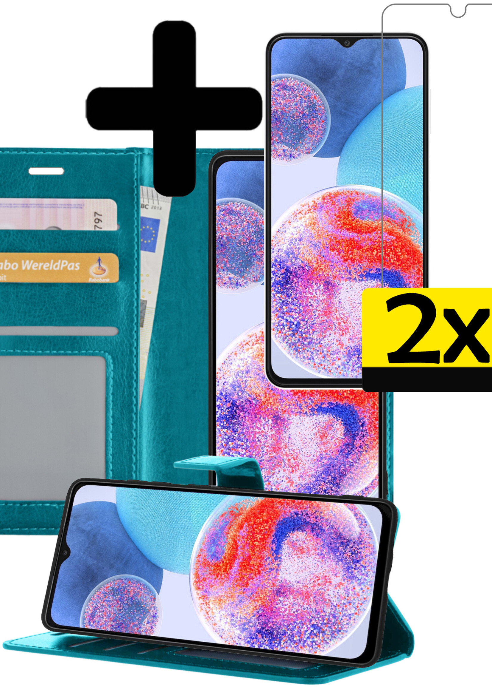LUQ Hoesje Geschikt voor Samsung A23 Hoesje Book Case Hoes Wallet Cover Met 2x Screenprotector - Hoes Geschikt voor Samsung Galaxy A23 Hoesje Bookcase Hoes - Turquoise