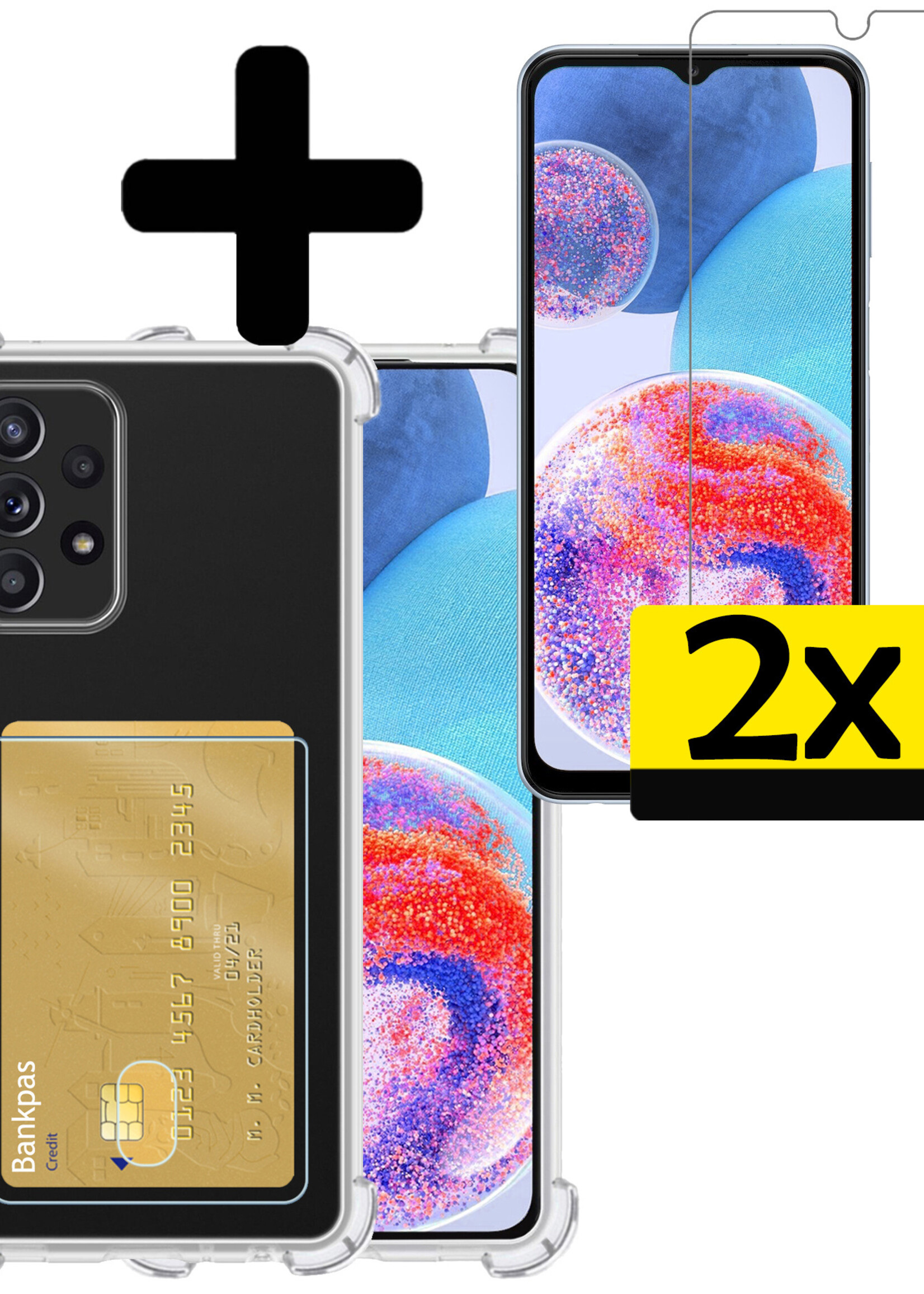 Hoesje Geschikt voor Samsung A23 Hoesje Case Pashouder Cover Siliconen Met 2x Screenprotector - Hoes Geschikt voor Samsung Galaxy A23 Hoesje Met Kaarthouder- Transparant