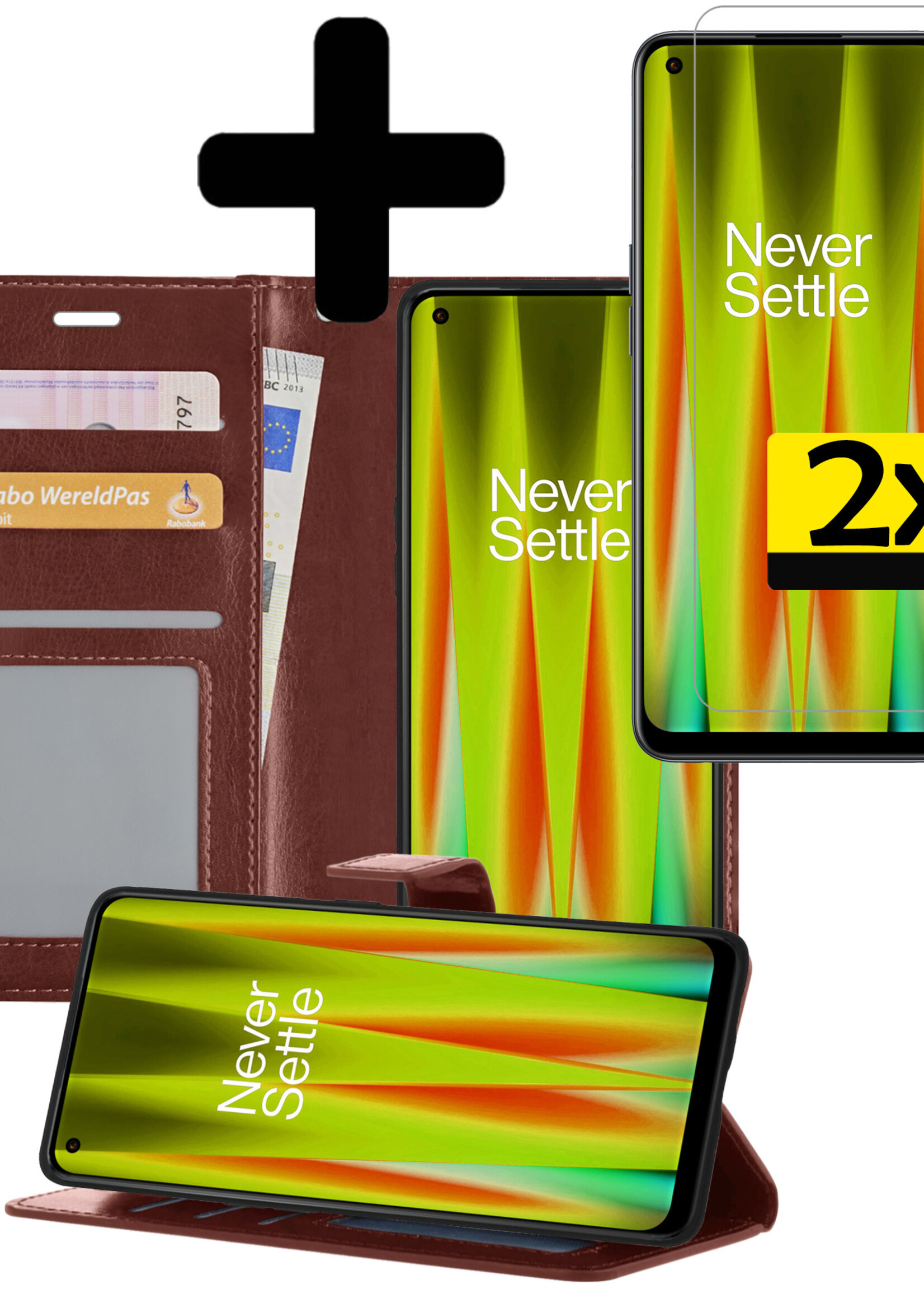 LUQ Hoesje Geschikt voor OnePlus Nord CE 2 Hoesje Book Case Hoes Wallet Cover Met 2x Screenprotector - Hoes Geschikt voor OnePlus Nord CE 2 Hoesje Bookcase Hoes - Bruin