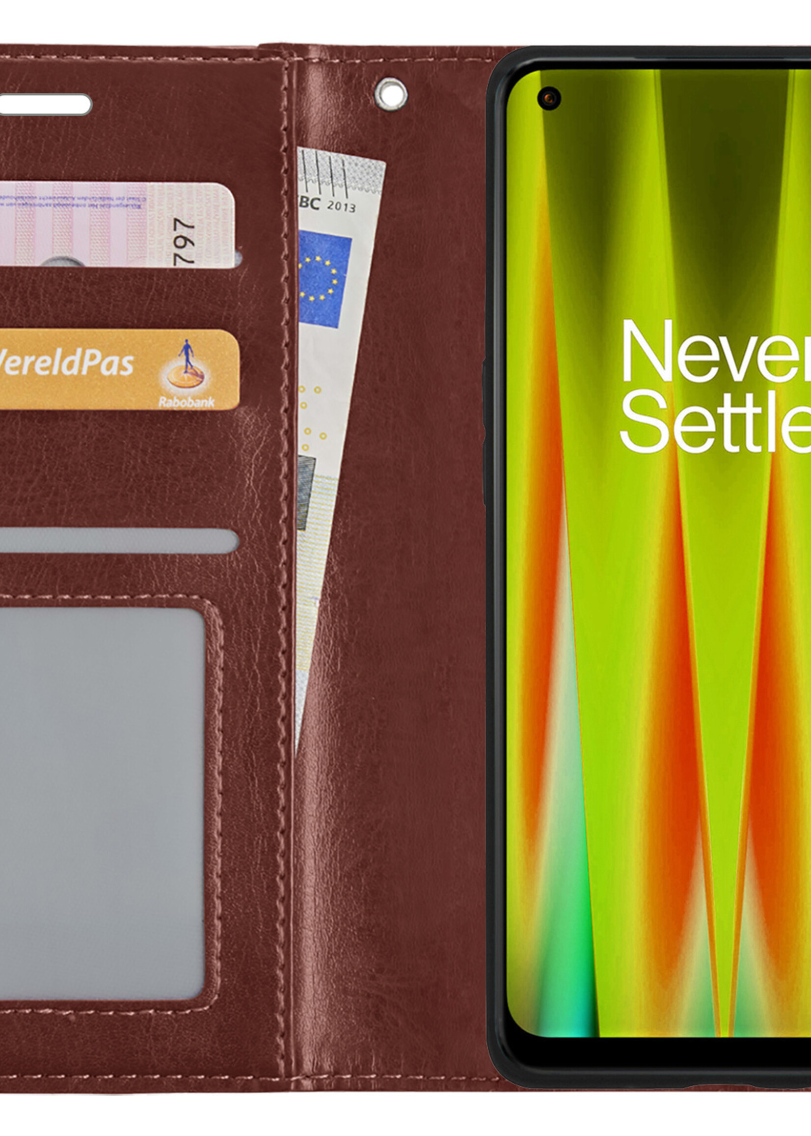 LUQ Hoesje Geschikt voor OnePlus Nord CE 2 Hoesje Book Case Hoes Wallet Cover Met 2x Screenprotector - Hoes Geschikt voor OnePlus Nord CE 2 Hoesje Bookcase Hoes - Bruin