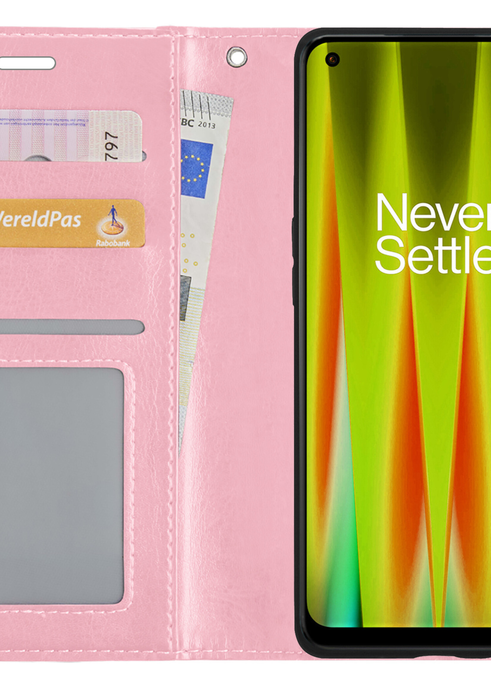 LUQ Hoesje Geschikt voor OnePlus Nord CE 2 Hoesje Book Case Hoes Wallet Cover Met 2x Screenprotector - Hoes Geschikt voor OnePlus Nord CE 2 Hoesje Bookcase Hoes - Lichtroze