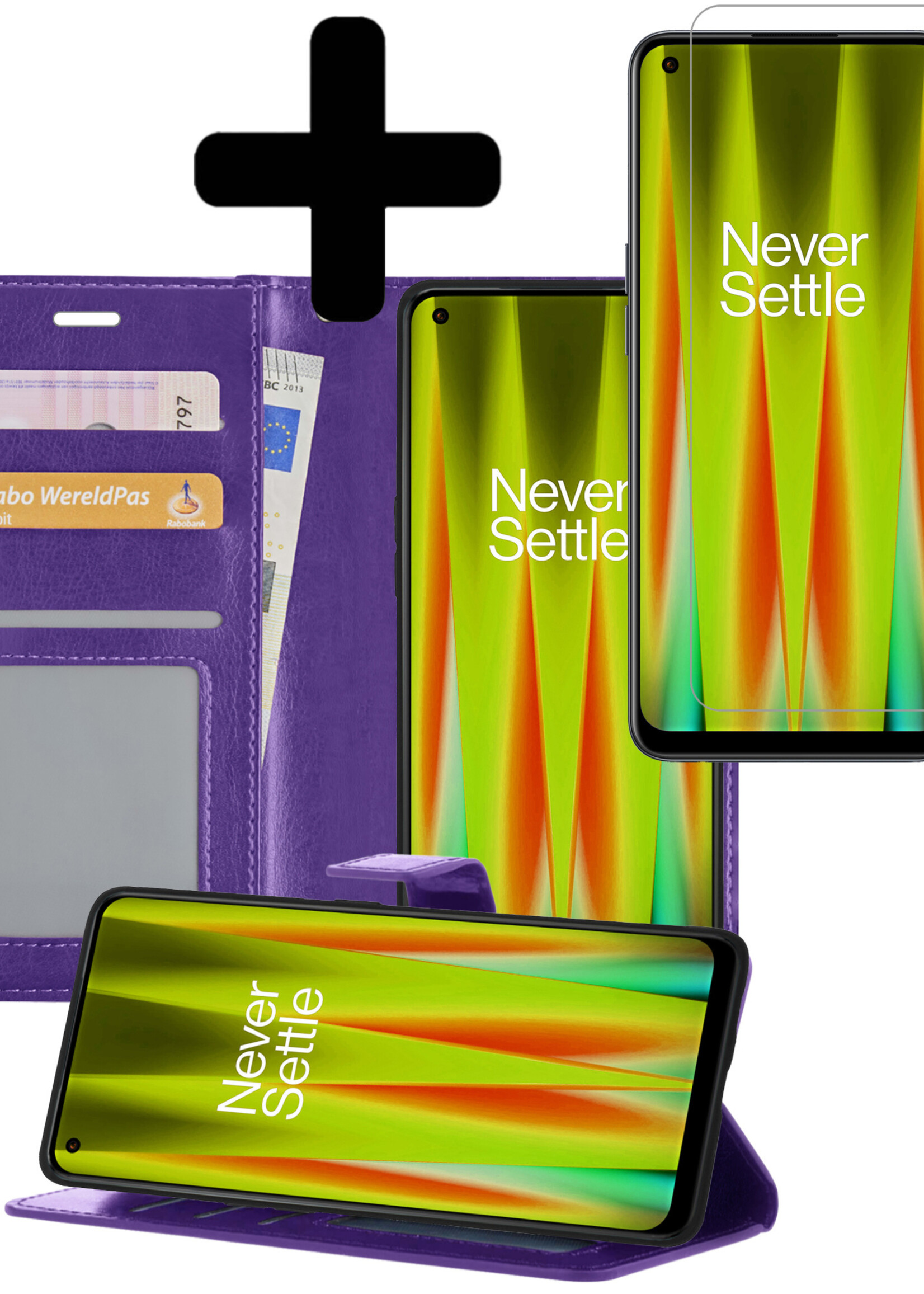 LUQ Hoesje Geschikt voor OnePlus Nord CE 2 Hoesje Book Case Hoes Wallet Cover Met 2x Screenprotector - Hoes Geschikt voor OnePlus Nord CE 2 Hoesje Bookcase Hoes - Paars
