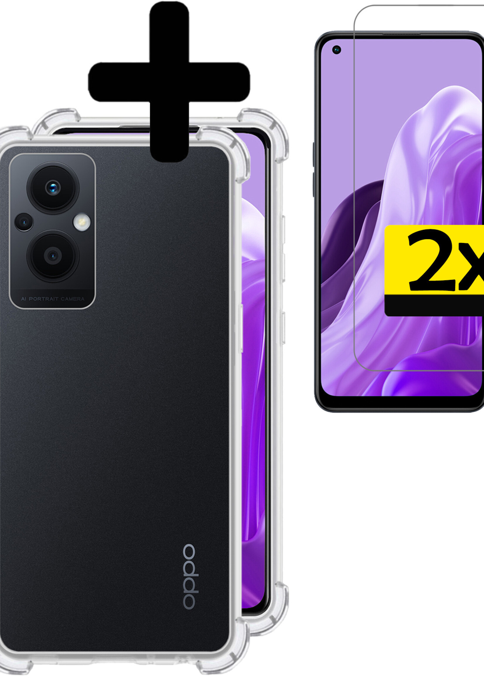 LUQ Hoesje Geschikt voor OPPO Reno 8 Lite Hoesje Shockproof Case Siliconen Met 2x Screenprotector - Hoes Geschikt voor OPPO Reno 8 Lite Hoes Cover Siliconen - Transparant