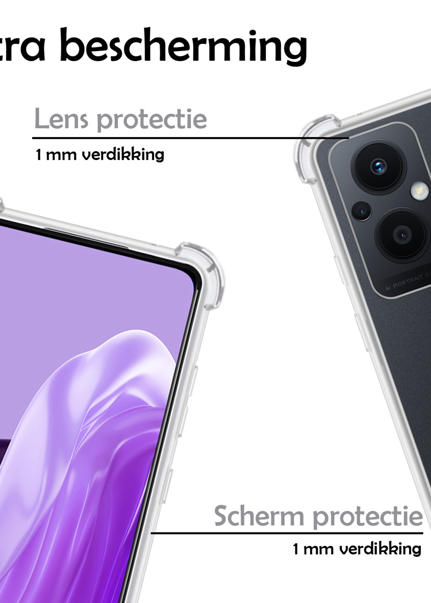 LUQ Hoesje Geschikt voor OPPO Reno 8 Lite Hoesje Shockproof Case Siliconen Met 2x Screenprotector - Hoes Geschikt voor OPPO Reno 8 Lite Hoes Cover Siliconen - Transparant