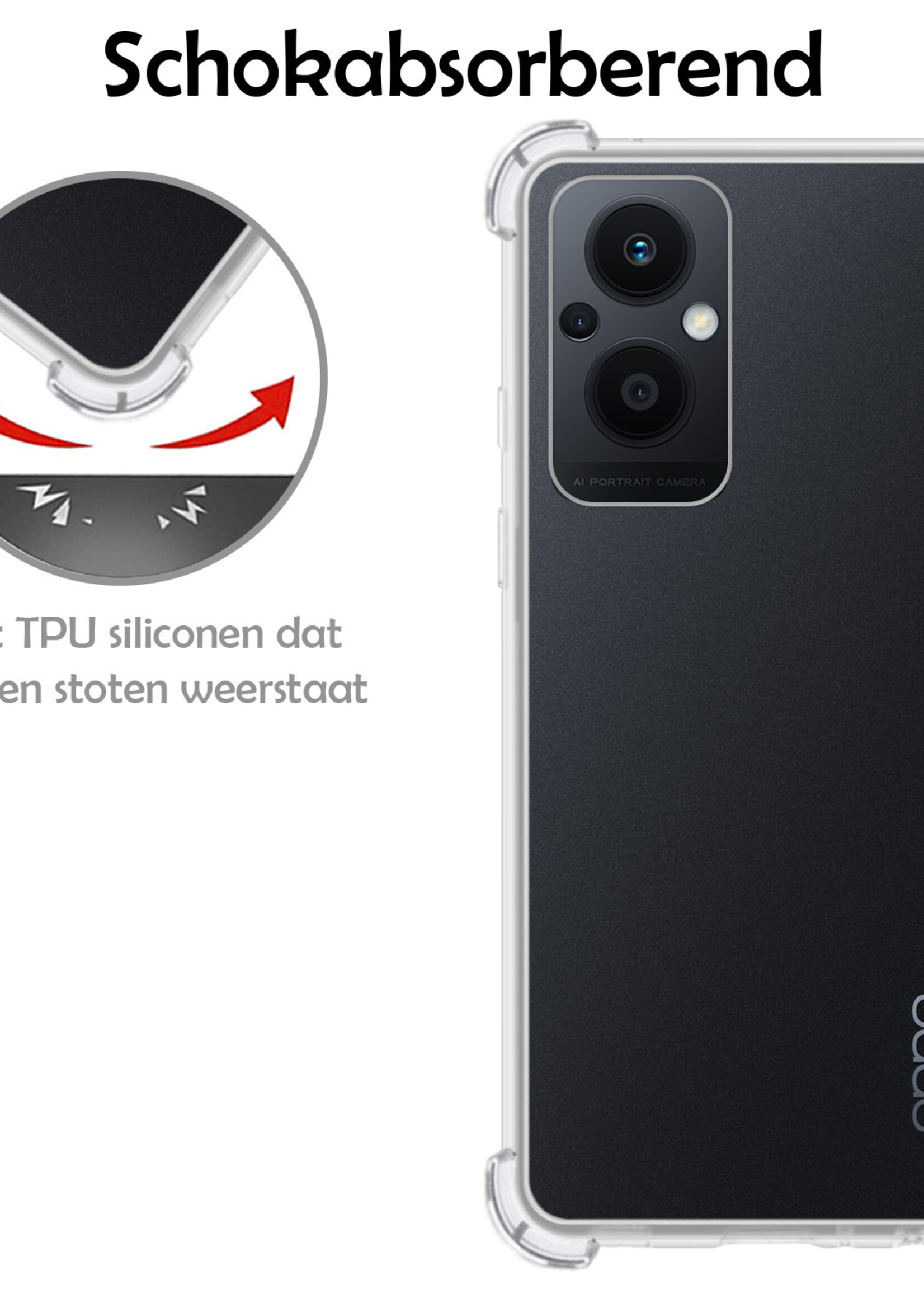 LUQ Hoesje Geschikt voor OPPO Reno 8 Lite Hoesje Shockproof Case Siliconen Met 2x Screenprotector - Hoes Geschikt voor OPPO Reno 8 Lite Hoes Cover Siliconen - Transparant