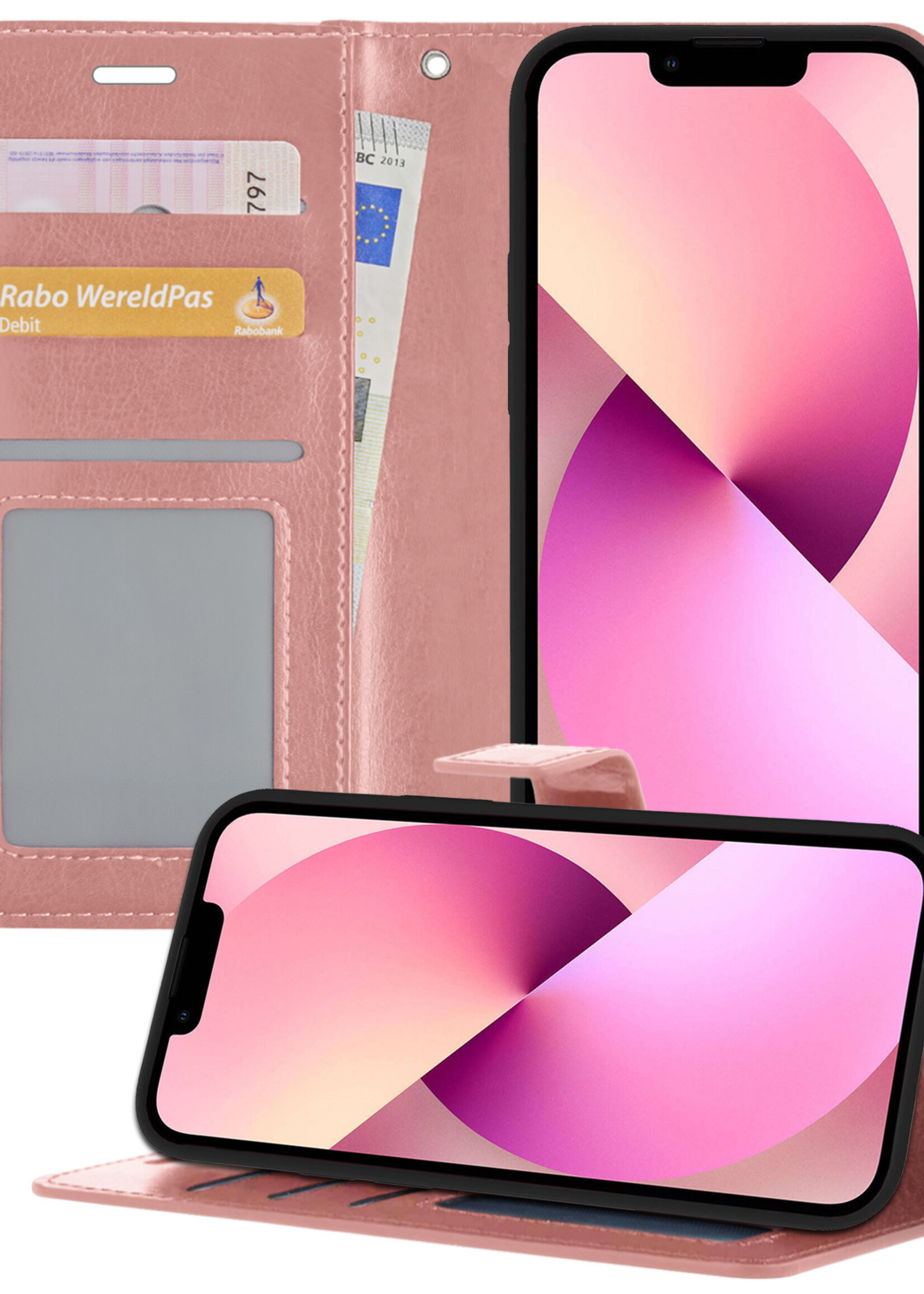 Hoesje Geschikt voor iPhone 14 Hoesje Book Case Hoes Wallet Cover - Hoes Geschikt voor iPhone 14 Hoesje Bookcase Hoes - Rosé goud
