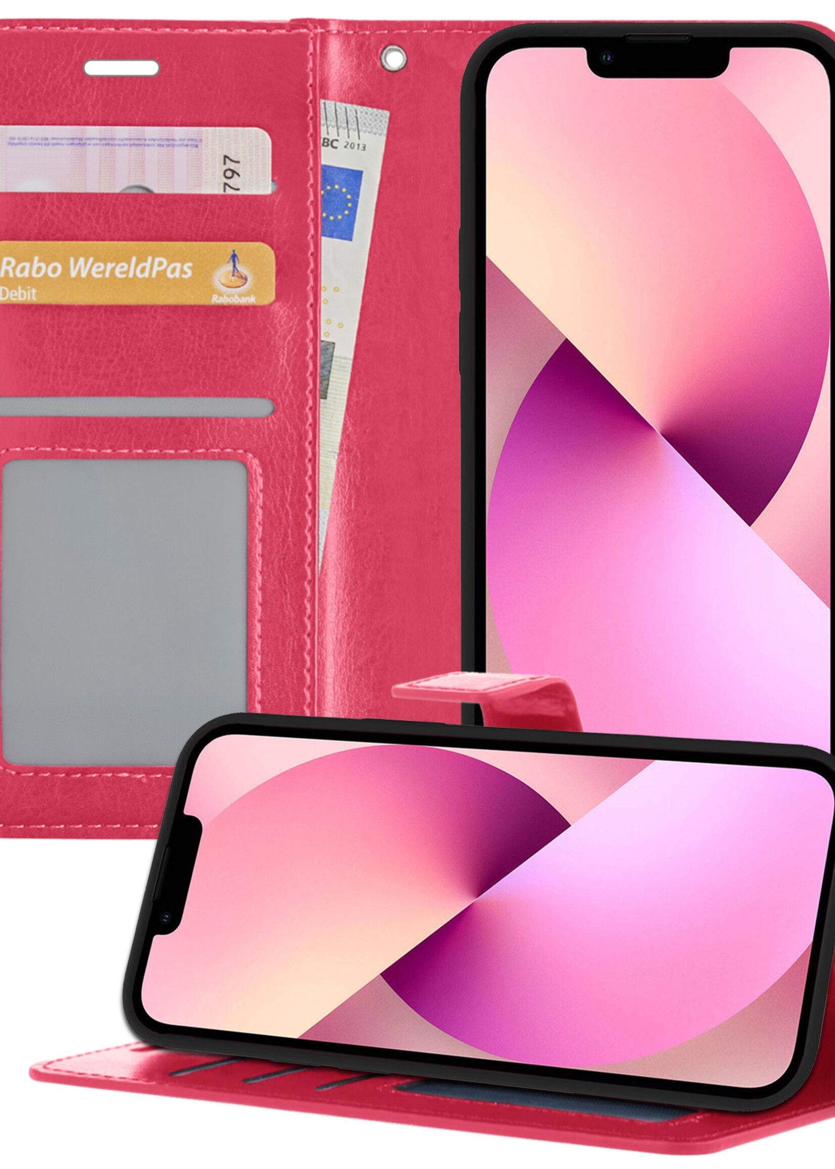 Hoesje Geschikt voor iPhone 14 Pro Hoesje Book Case Hoes Wallet Cover - Hoes Geschikt voor iPhone 14 Pro Hoesje Bookcase Hoes - Donkerroze