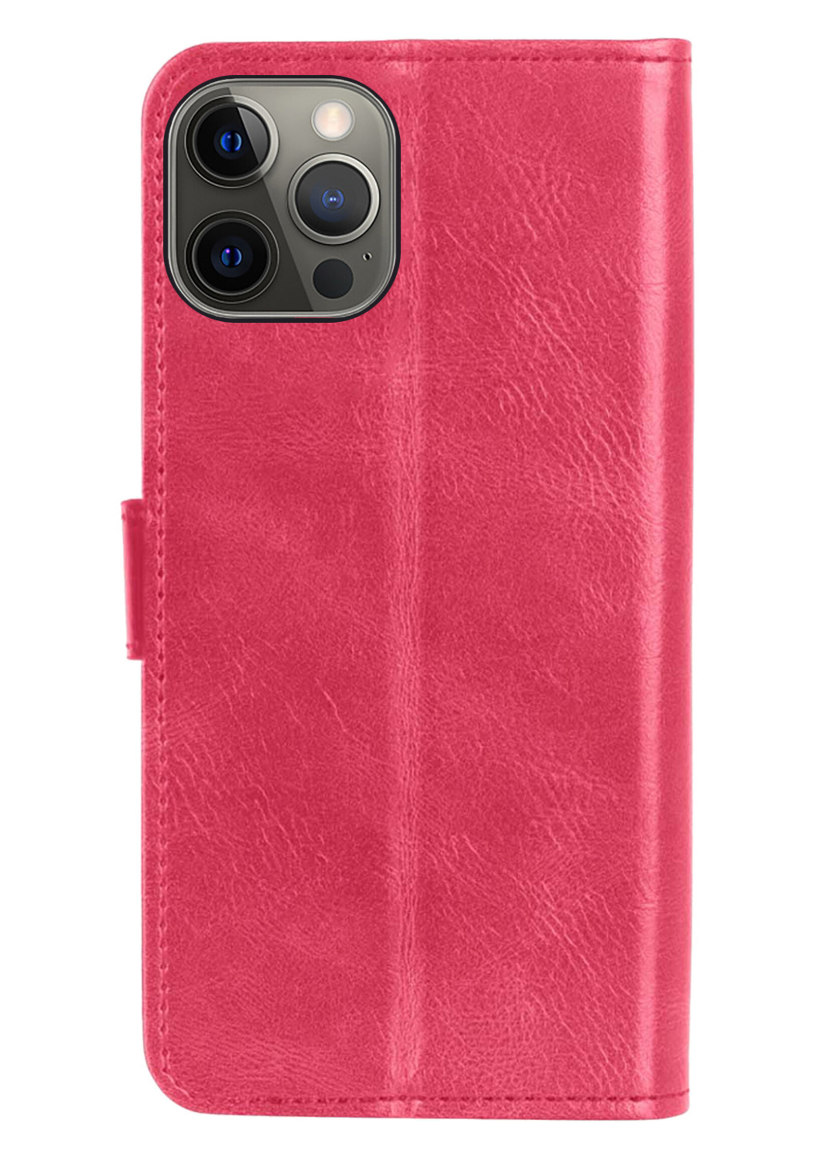 LUQ Hoesje Geschikt voor iPhone 14 Pro Hoesje Book Case Hoes Wallet Cover - Hoes Geschikt voor iPhone 14 Pro Hoesje Bookcase Hoes - Donkerroze
