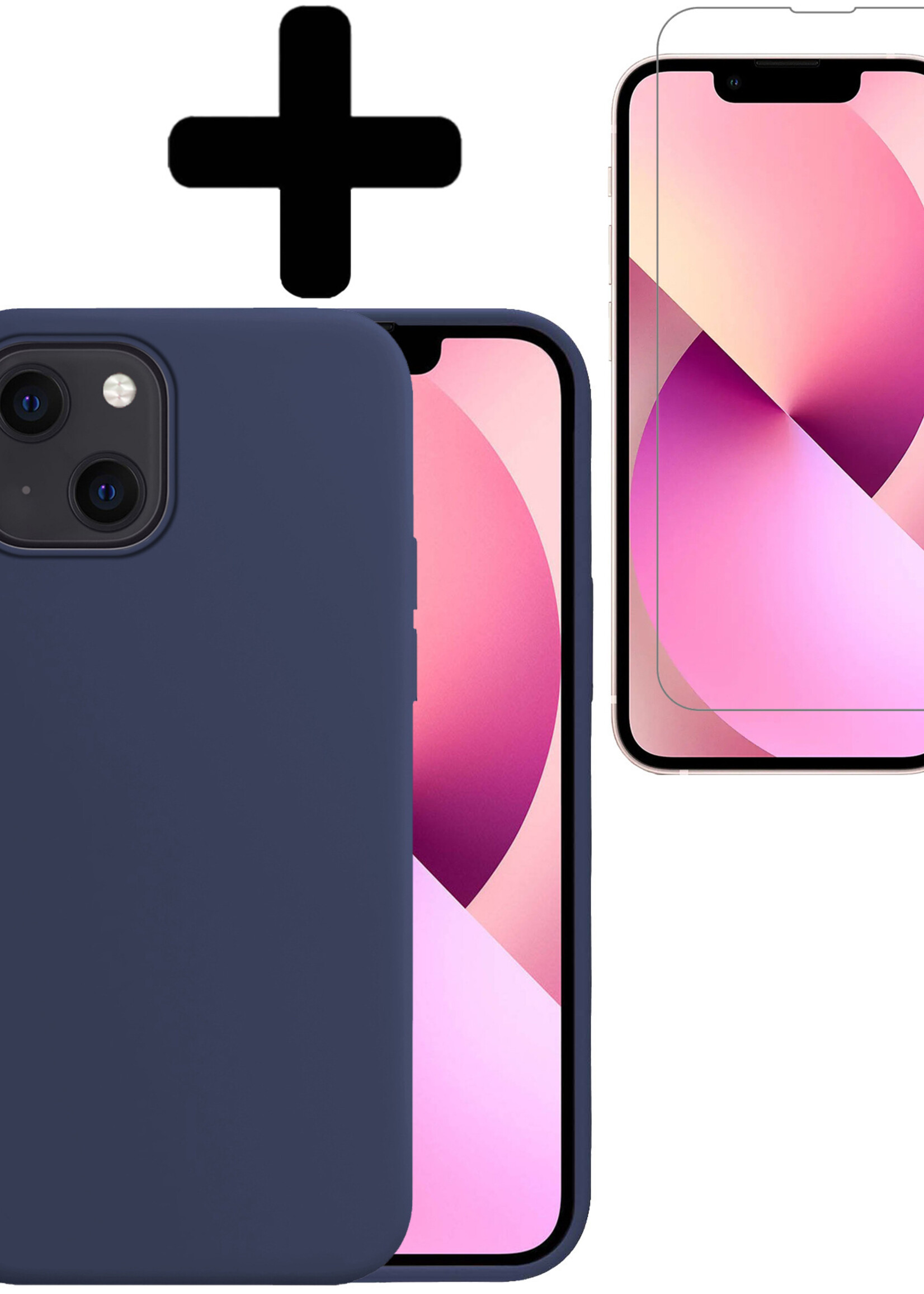 LUQ Hoesje Geschikt voor iPhone 14 Hoesje Siliconen Case Met Screenprotector - Hoes Geschikt voor iPhone 14 Hoes Siliconen - Donkerblauw