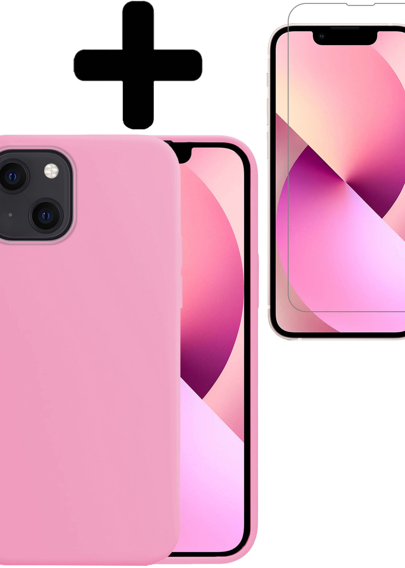 LUQ Hoesje Geschikt voor iPhone 14 Hoesje Siliconen Case Met Screenprotector - Hoes Geschikt voor iPhone 14 Hoes Siliconen - Lichtroze