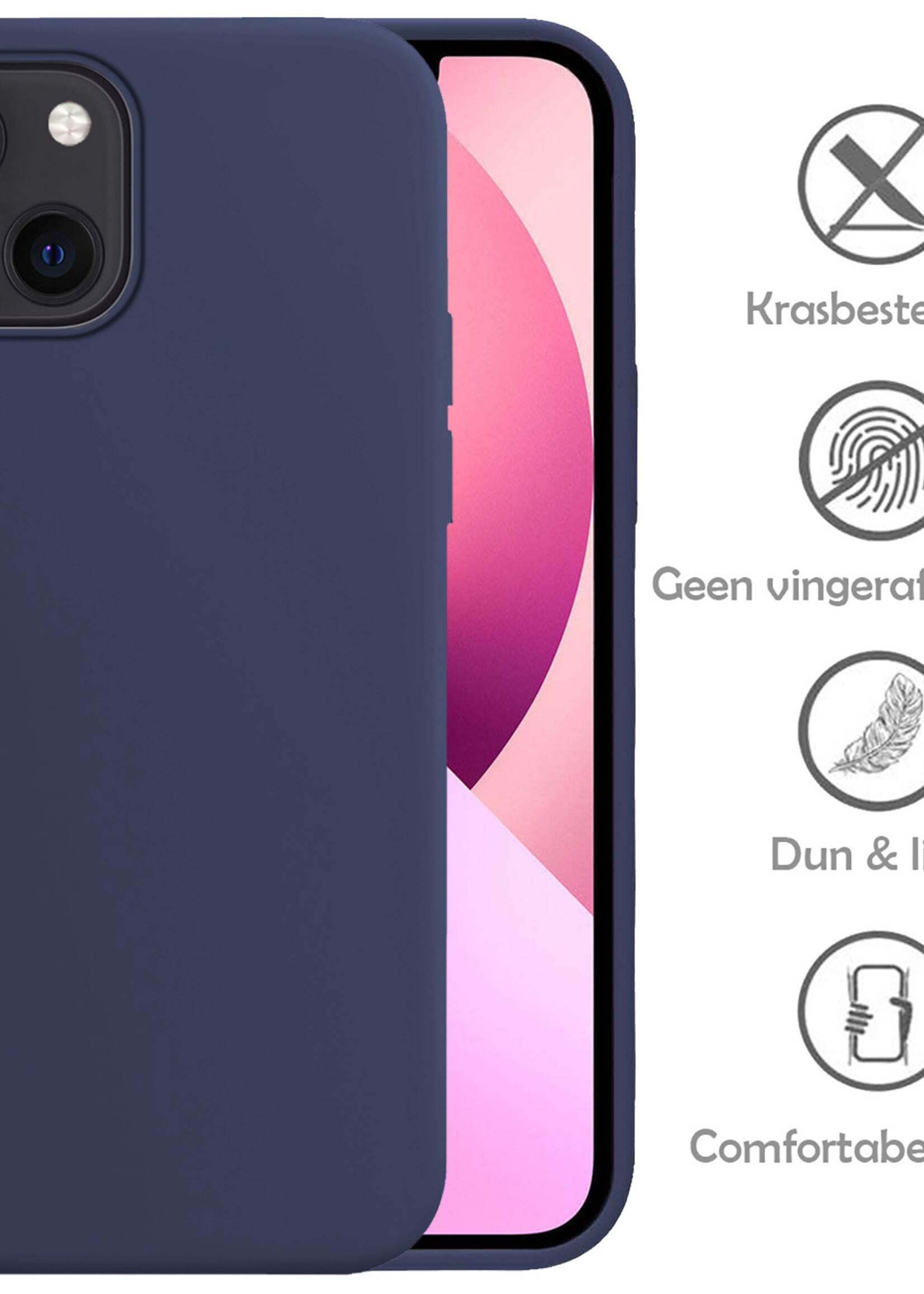 LUQ Hoesje Geschikt voor iPhone 14 Hoesje Siliconen Case Met 2x Screenprotector - Hoes Geschikt voor iPhone 14 Hoes Siliconen - Donkerblauw