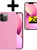 LUQ LUQ iPhone 14 Pro Max Hoesje Siliconen Met 2x Screenprotector Met Dichte Notch - Lichtroze