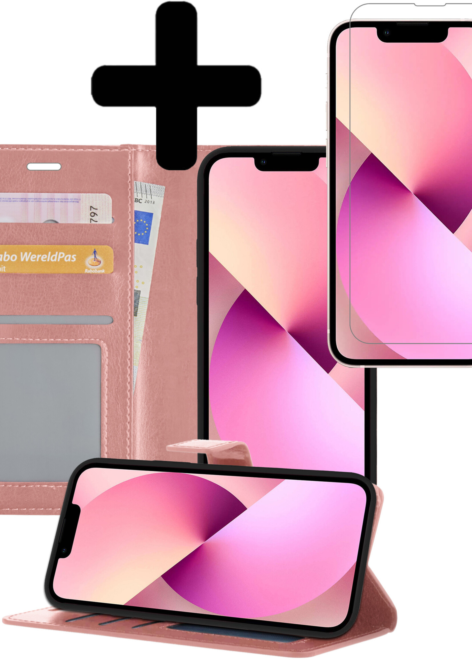 LUQ Hoesje Geschikt voor iPhone 14 Hoesje Book Case Hoes Wallet Cover Met Screenprotector - Hoes Geschikt voor iPhone 14 Hoesje Bookcase Hoes - Rosé goud