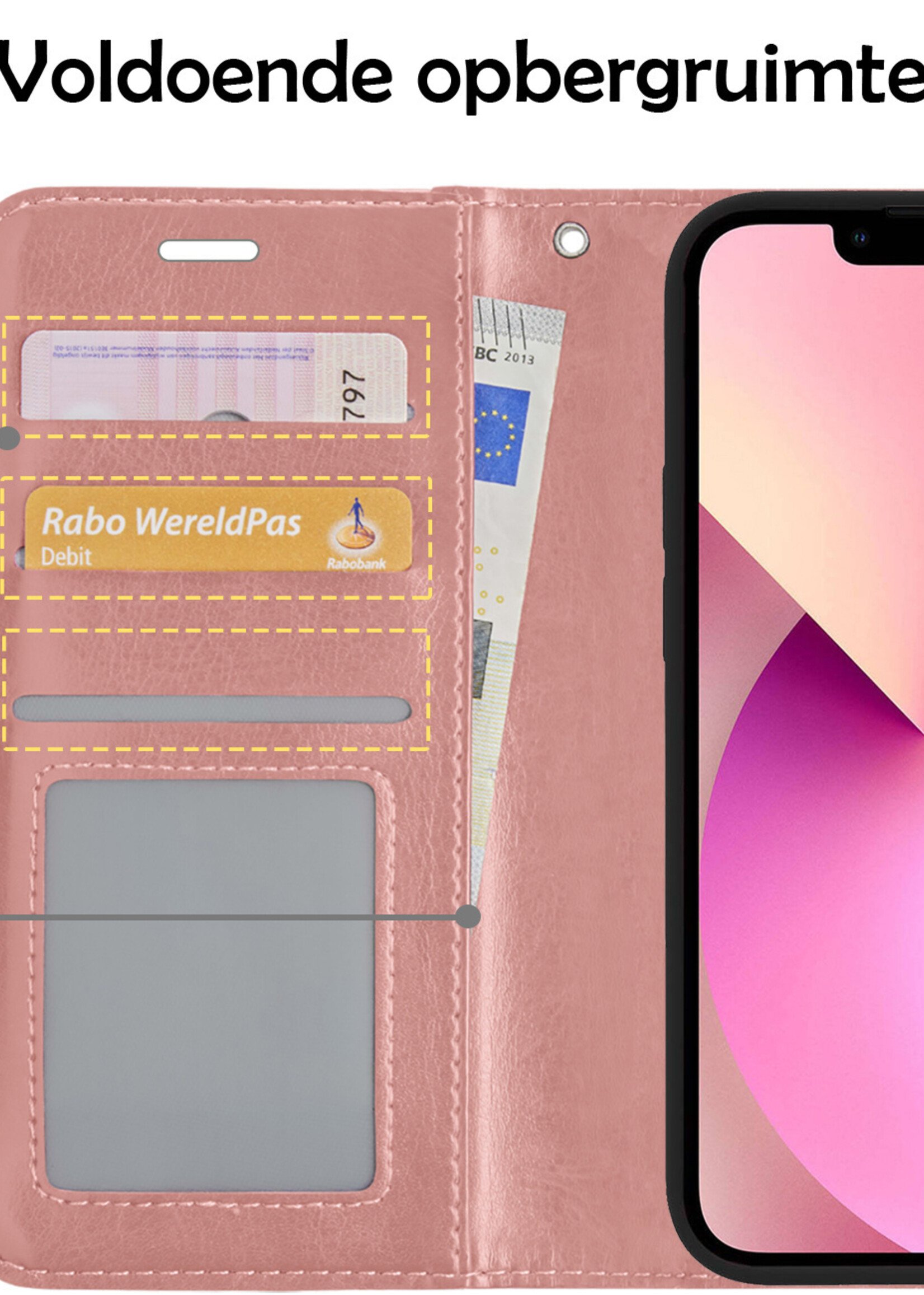 LUQ Hoesje Geschikt voor iPhone 14 Hoesje Book Case Hoes Wallet Cover Met Screenprotector - Hoes Geschikt voor iPhone 14 Hoesje Bookcase Hoes - Rosé goud