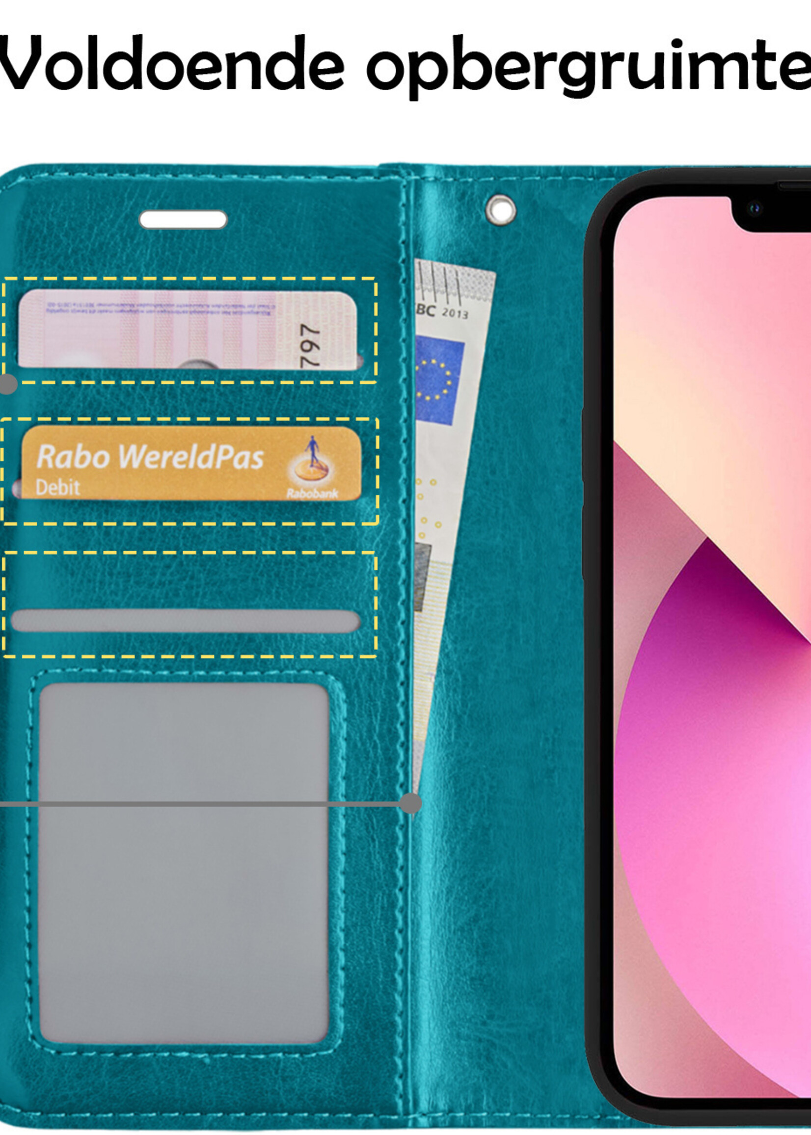 LUQ Hoesje Geschikt voor iPhone 14 Hoesje Book Case Hoes Wallet Cover Met Screenprotector - Hoes Geschikt voor iPhone 14 Hoesje Bookcase Hoes - Turquoise