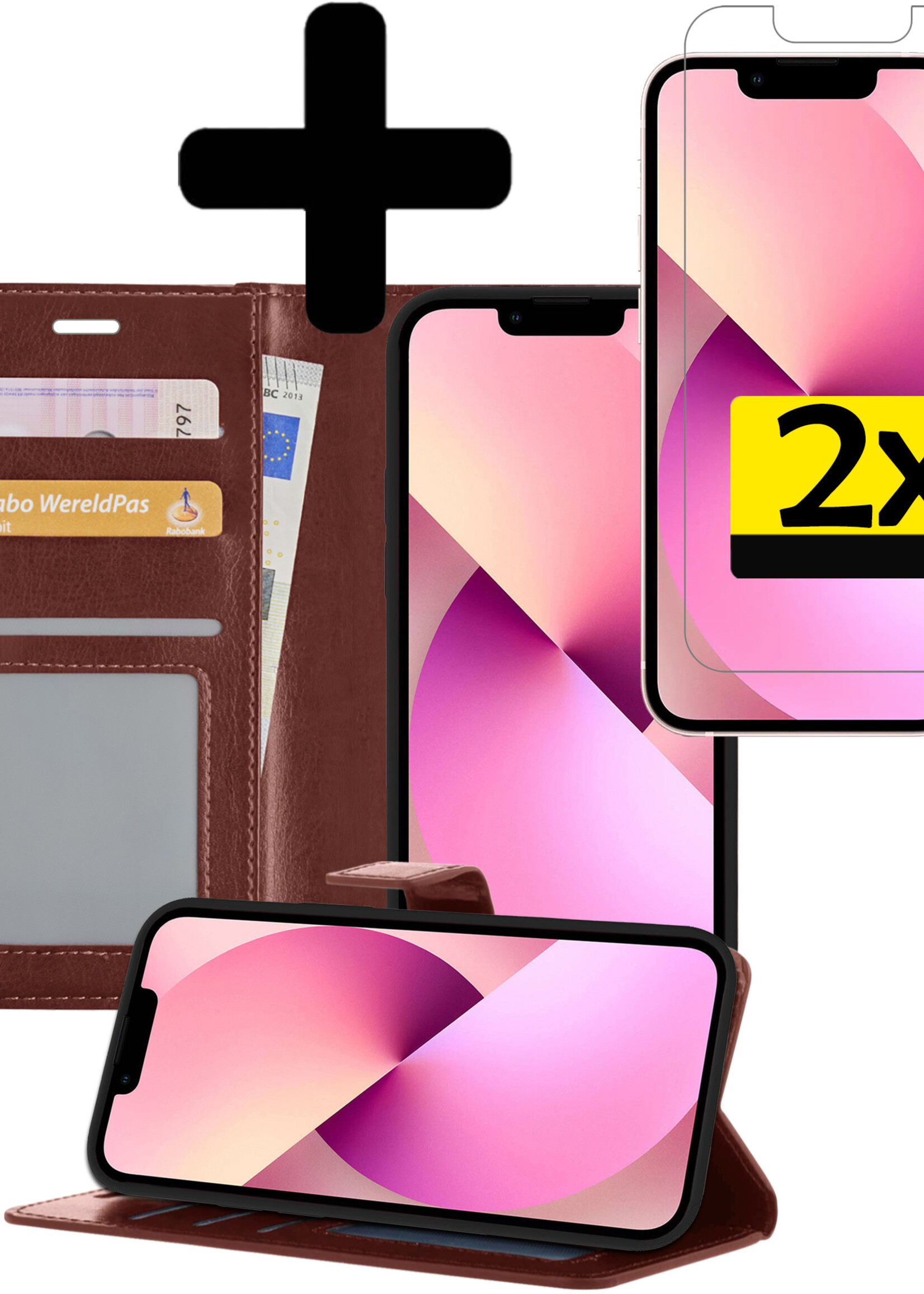 LUQ Hoesje Geschikt voor iPhone 14 Hoesje Book Case Hoes Wallet Cover Met 2x Screenprotector - Hoes Geschikt voor iPhone 14 Hoesje Bookcase Hoes - Bruin