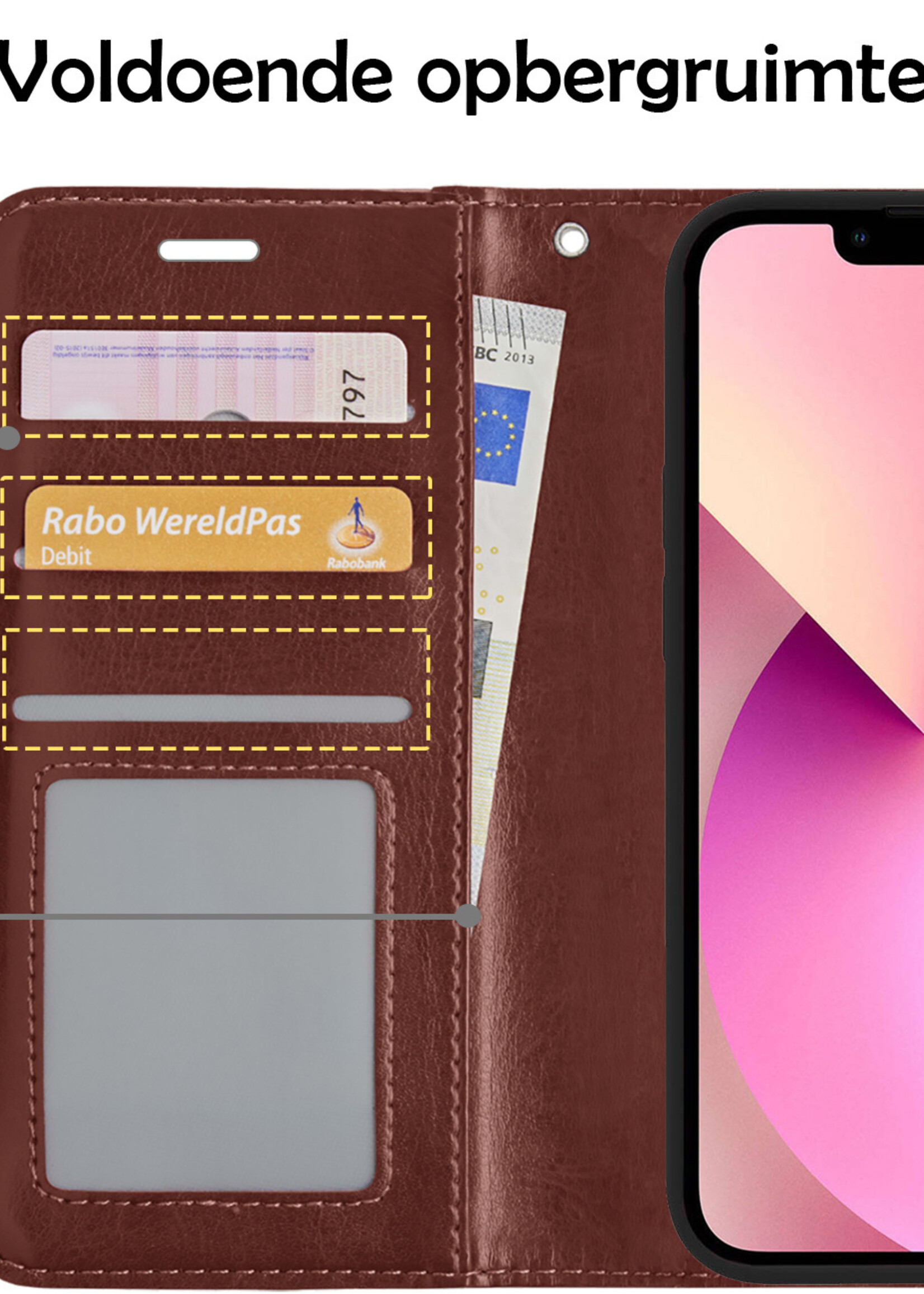LUQ Hoesje Geschikt voor iPhone 14 Hoesje Book Case Hoes Wallet Cover Met 2x Screenprotector - Hoes Geschikt voor iPhone 14 Hoesje Bookcase Hoes - Bruin
