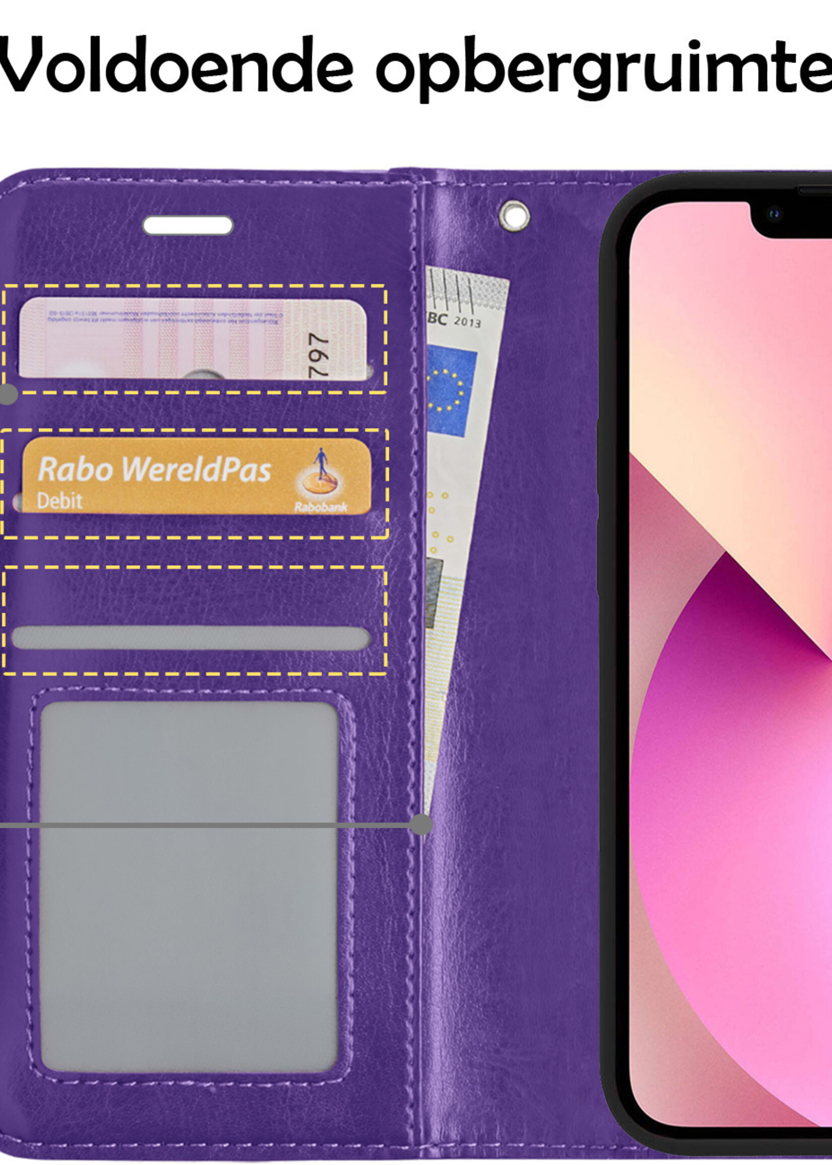 LUQ Hoesje Geschikt voor iPhone 14 Plus Hoesje Book Case Hoes Wallet Cover Met 2x Screenprotector - Hoes Geschikt voor iPhone 14 Plus Hoesje Bookcase Hoes - Paars