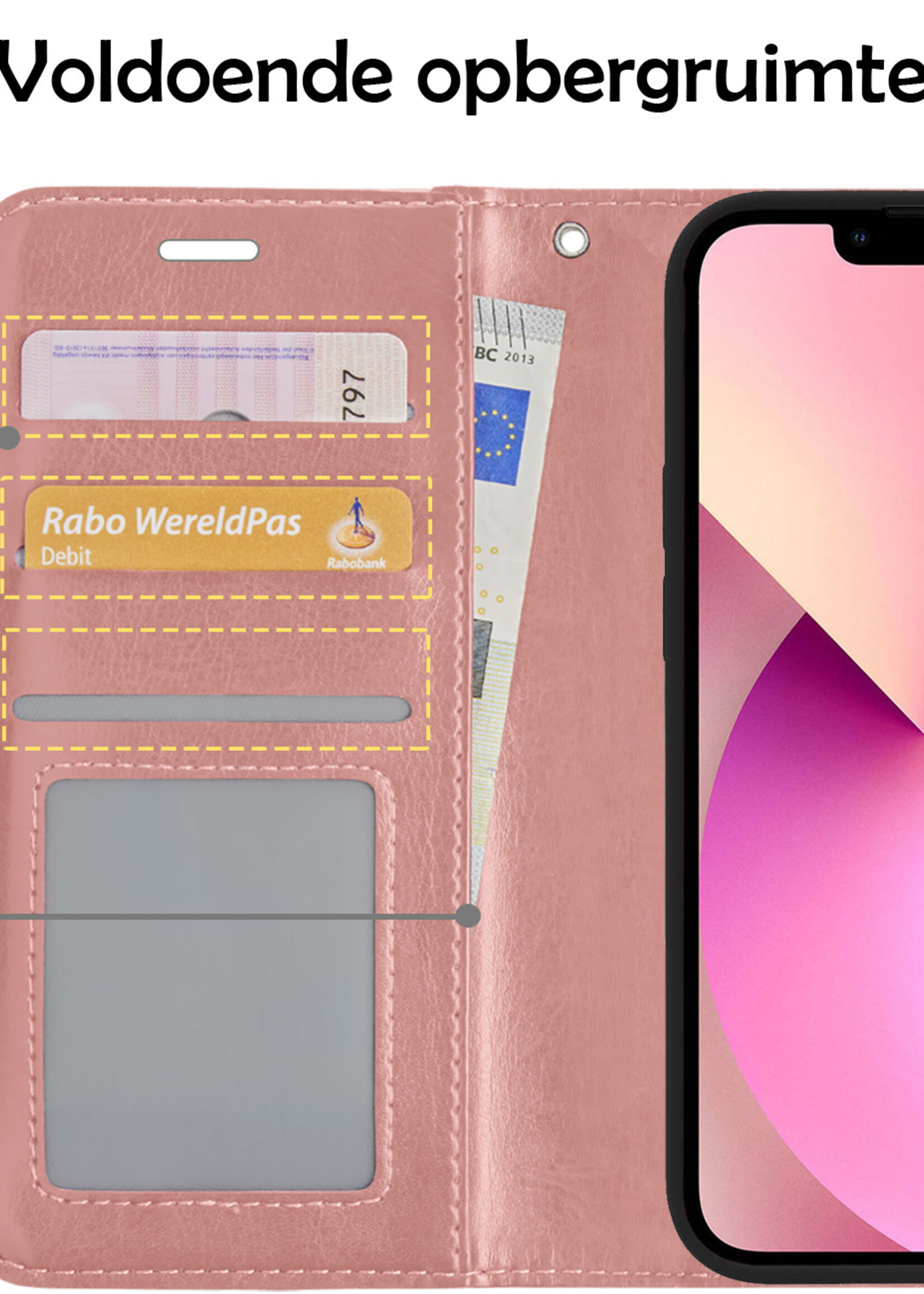 LUQ Hoesje Geschikt voor iPhone 14 Plus Hoesje Book Case Hoes Wallet Cover Met 2x Screenprotector - Hoes Geschikt voor iPhone 14 Plus Hoesje Bookcase Hoes - Rosé goud