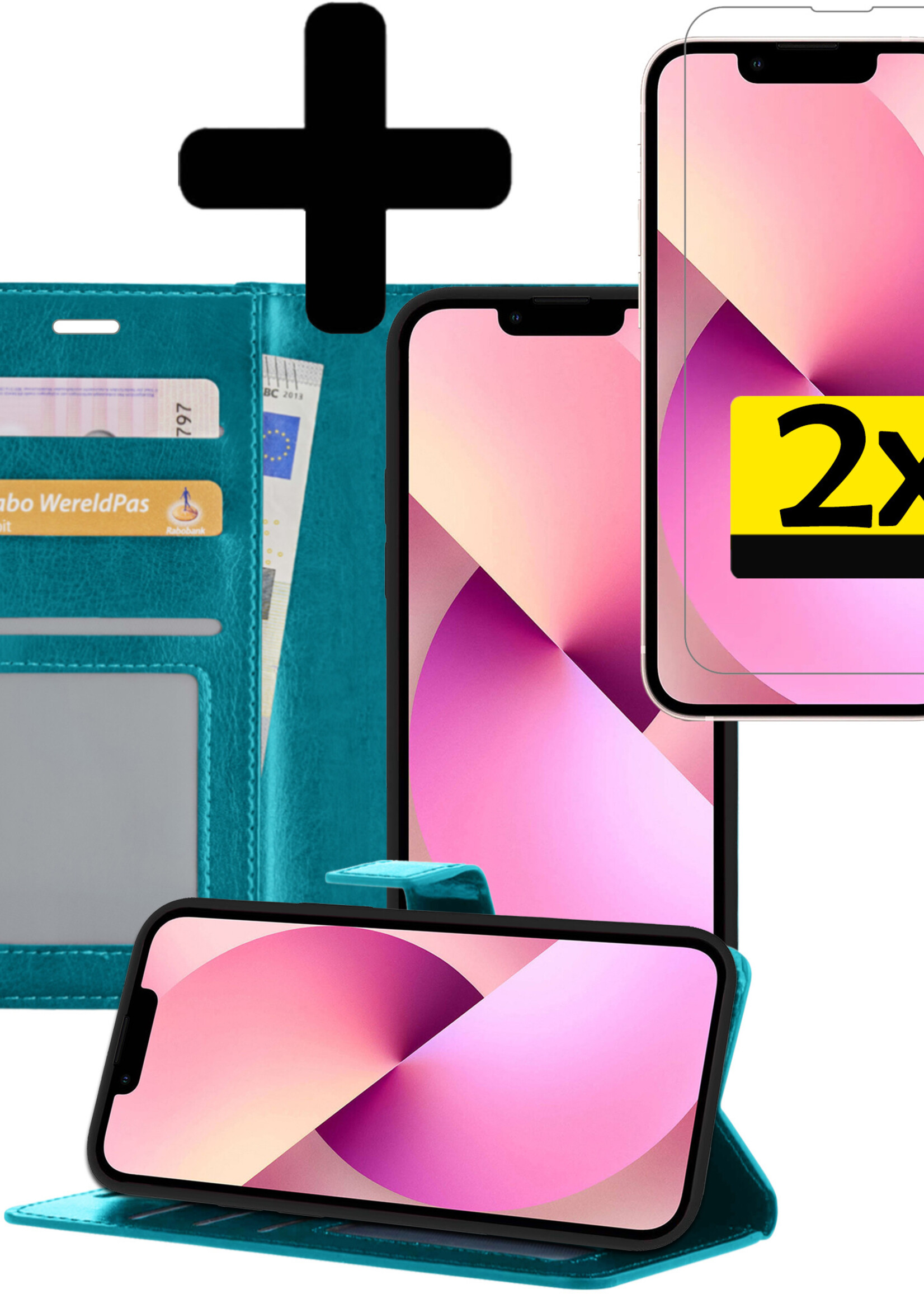 LUQ Hoesje Geschikt voor iPhone 14 Plus Hoesje Book Case Hoes Wallet Cover Met 2x Screenprotector - Hoes Geschikt voor iPhone 14 Plus Hoesje Bookcase Hoes - Turquoise