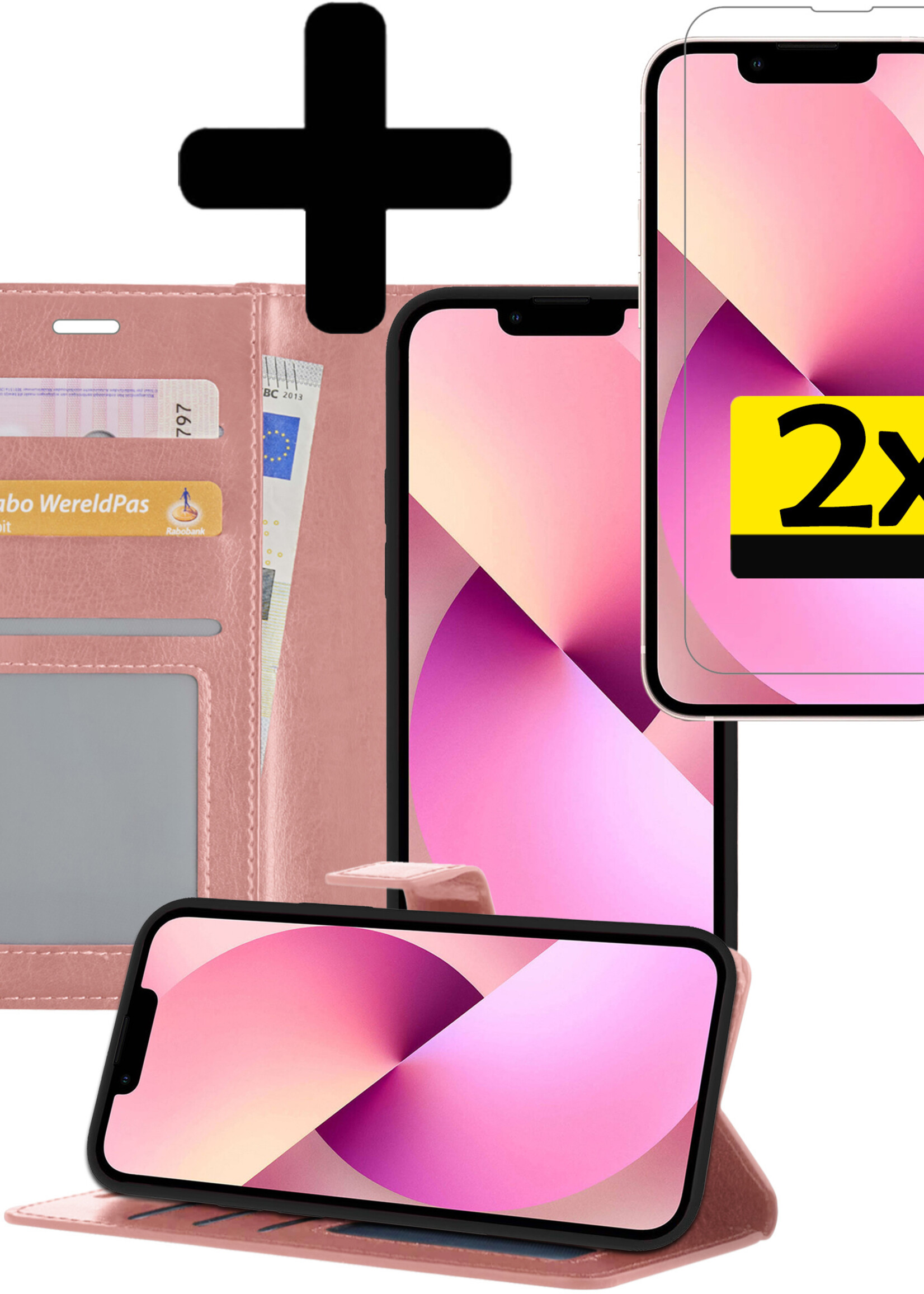 LUQ Hoesje Geschikt voor iPhone 14 Pro Hoesje Book Case Hoes Wallet Cover Met 2x Screenprotector - Hoes Geschikt voor iPhone 14 Pro Hoesje Bookcase Hoes - Rosé goud