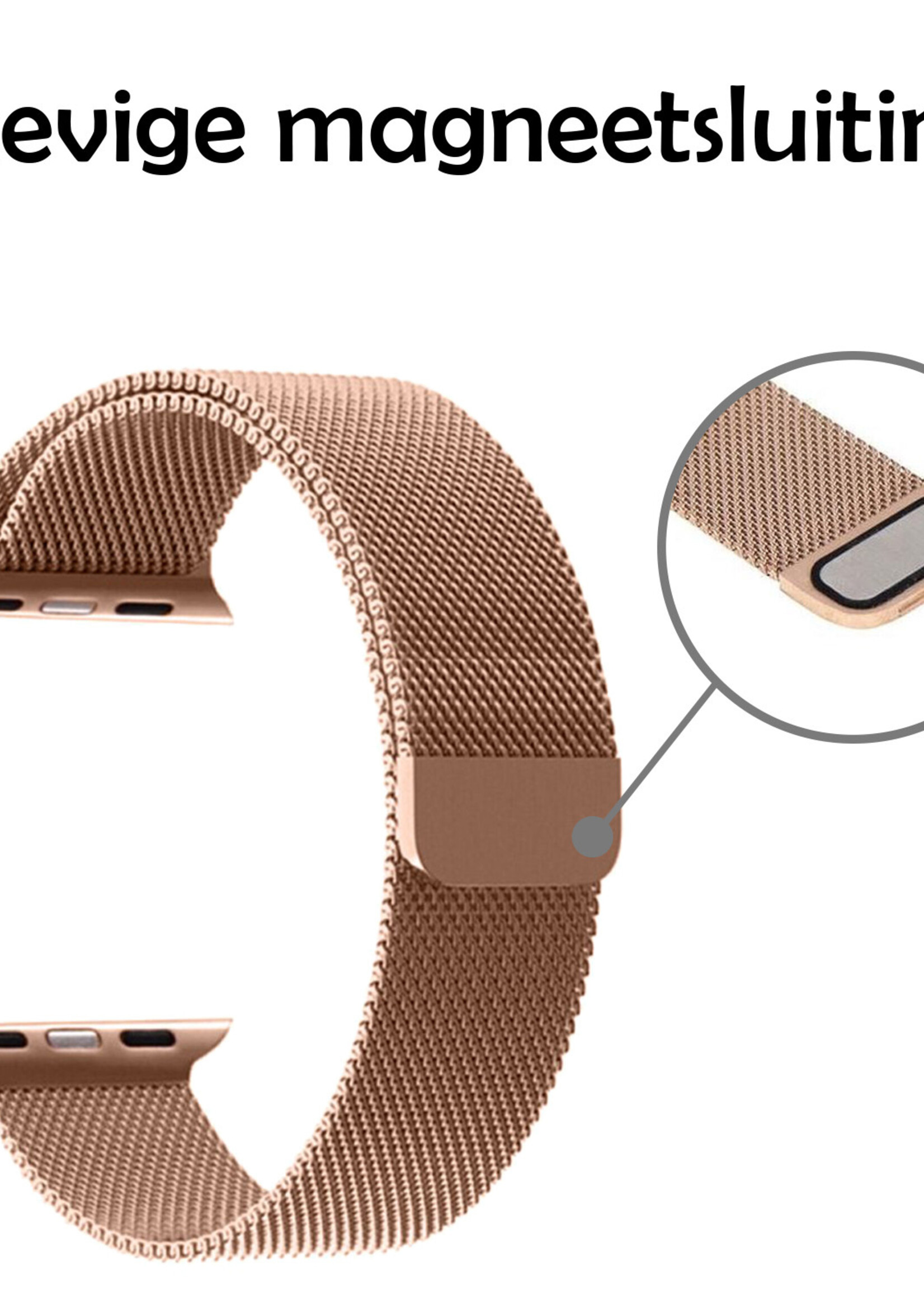 LUQ Geschikt Voor Apple Watch SE Bandje 44 mm - Bandje Geschikt Voor Apple Watch SE Milanees - Zwart X Rose Goud