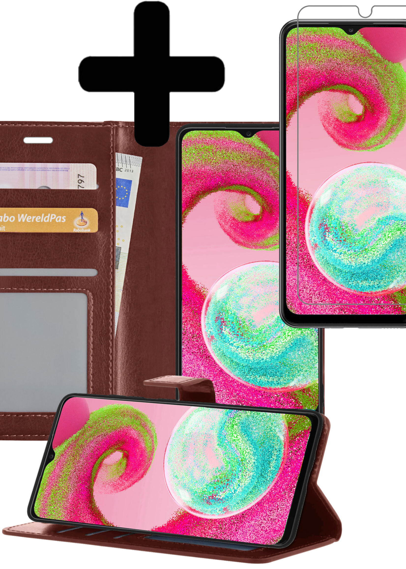 LUQ Hoesje Geschikt voor Samsung A04s Hoesje Book Case Hoes Wallet Cover Met Screenprotector - Hoes Geschikt voor Samsung Galaxy A04s Hoesje Bookcase Hoes - Bruin