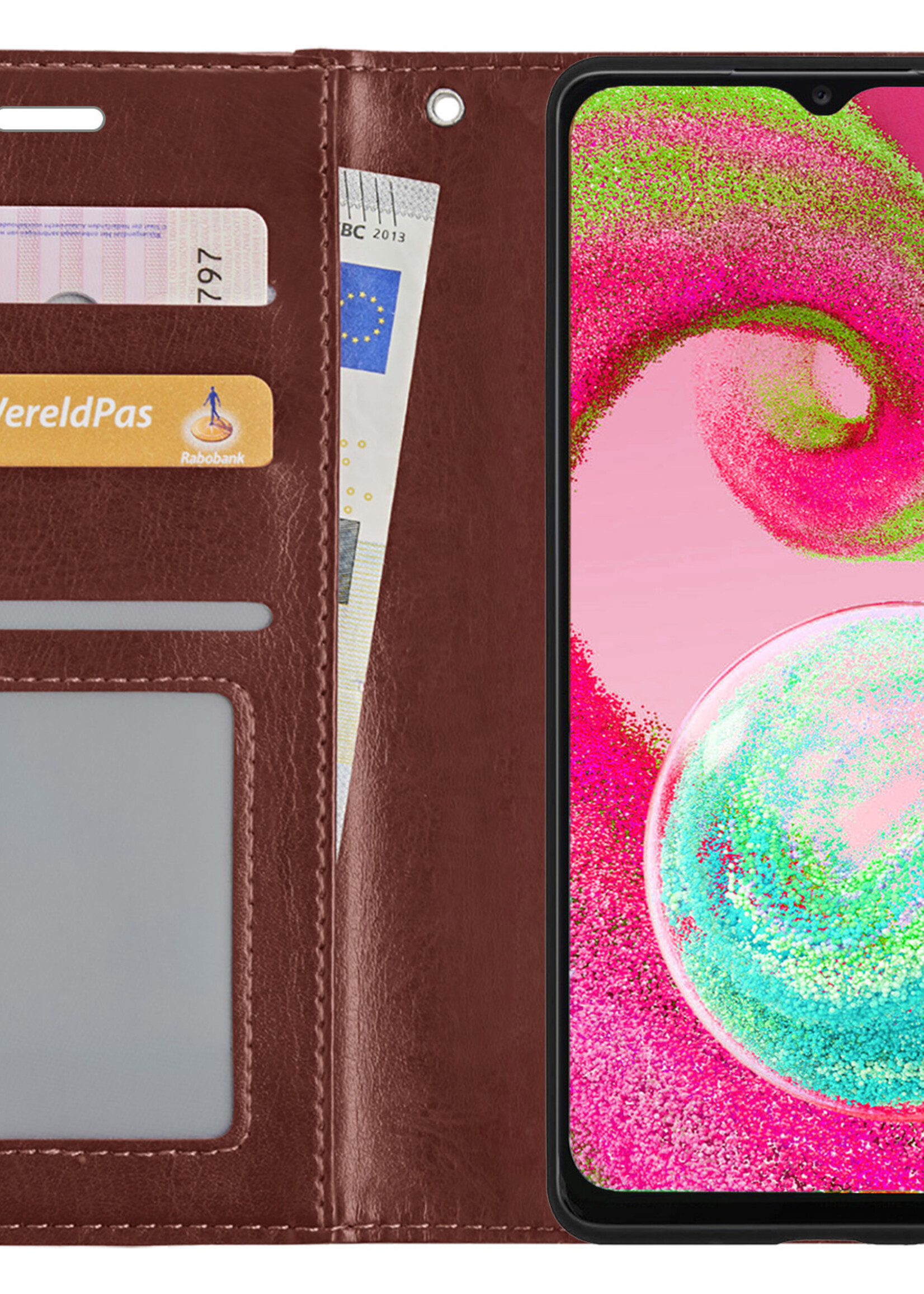LUQ Hoesje Geschikt voor Samsung A04s Hoesje Book Case Hoes Wallet Cover Met Screenprotector - Hoes Geschikt voor Samsung Galaxy A04s Hoesje Bookcase Hoes - Bruin