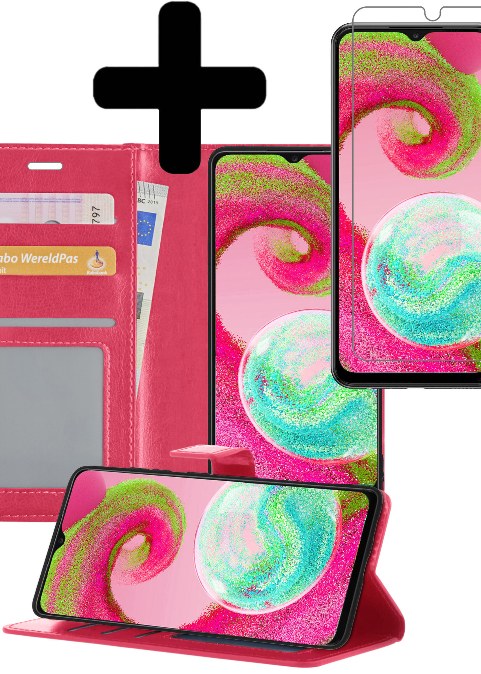 LUQ Hoesje Geschikt voor Samsung A04s Hoesje Book Case Hoes Wallet Cover Met Screenprotector - Hoes Geschikt voor Samsung Galaxy A04s Hoesje Bookcase Hoes - Donkerroze