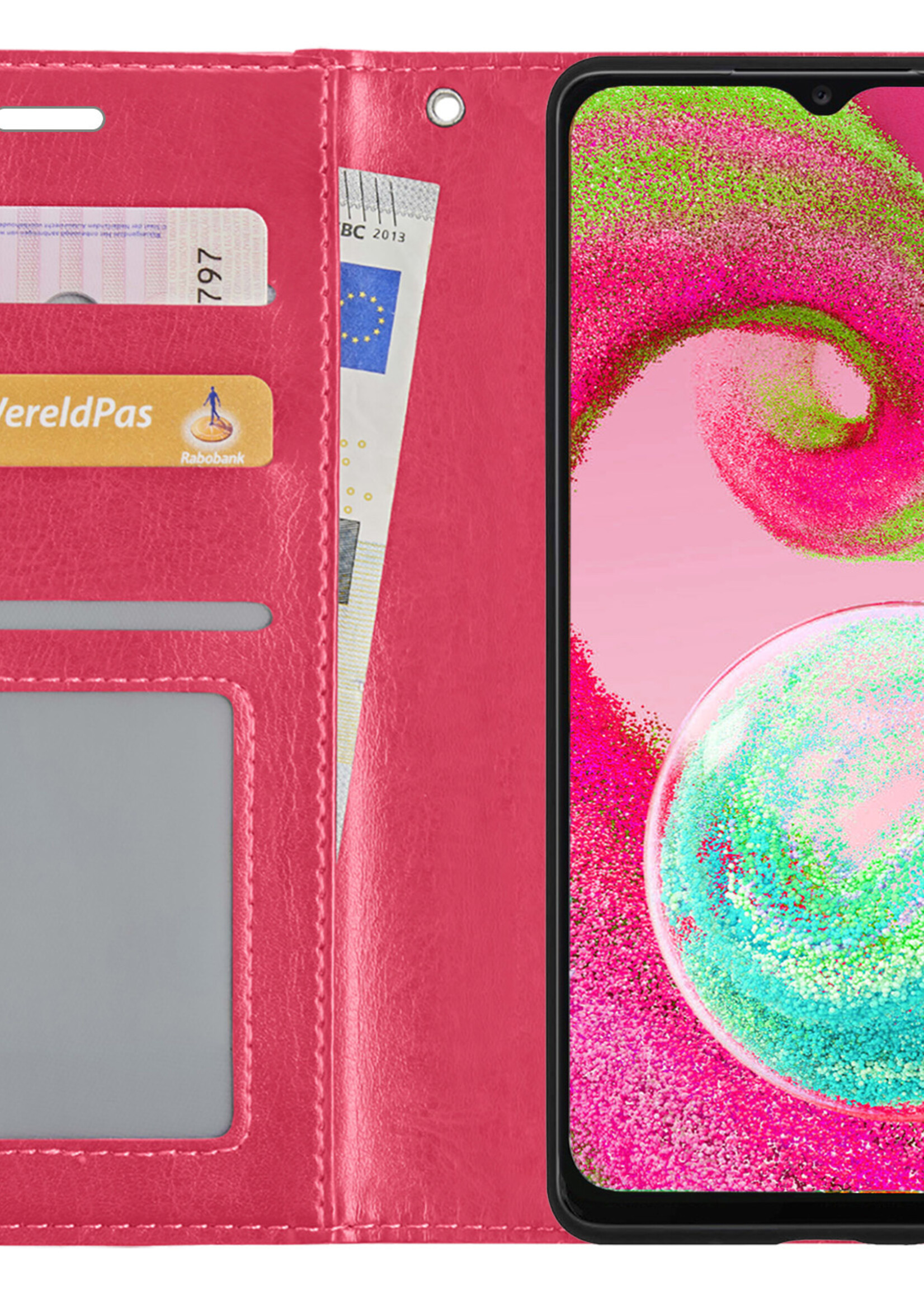 LUQ Hoesje Geschikt voor Samsung A04s Hoesje Book Case Hoes Wallet Cover Met Screenprotector - Hoes Geschikt voor Samsung Galaxy A04s Hoesje Bookcase Hoes - Donkerroze