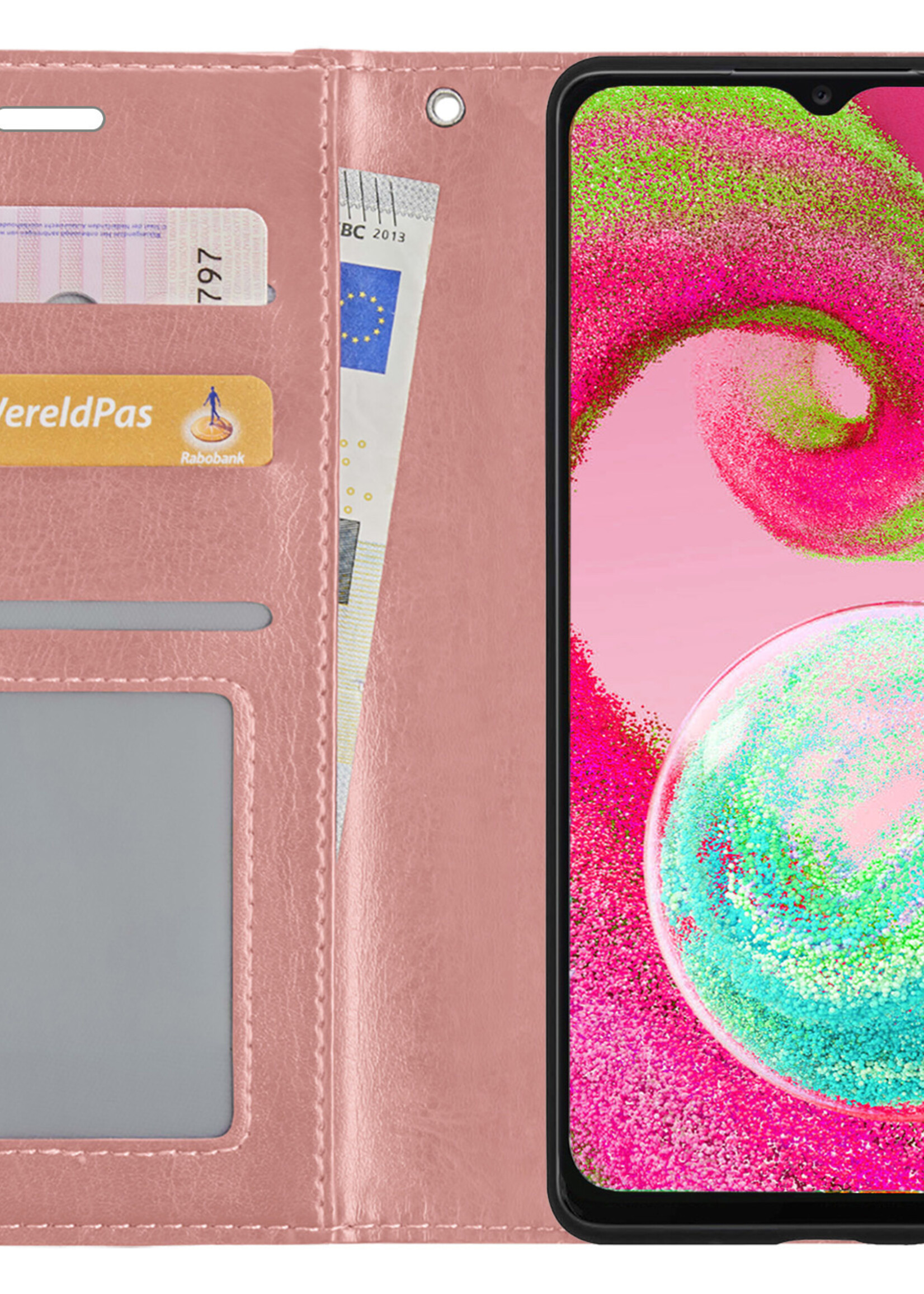 LUQ Hoesje Geschikt voor Samsung A04s Hoesje Book Case Hoes Wallet Cover Met Screenprotector - Hoes Geschikt voor Samsung Galaxy A04s Hoesje Bookcase Hoes - Rosé goud