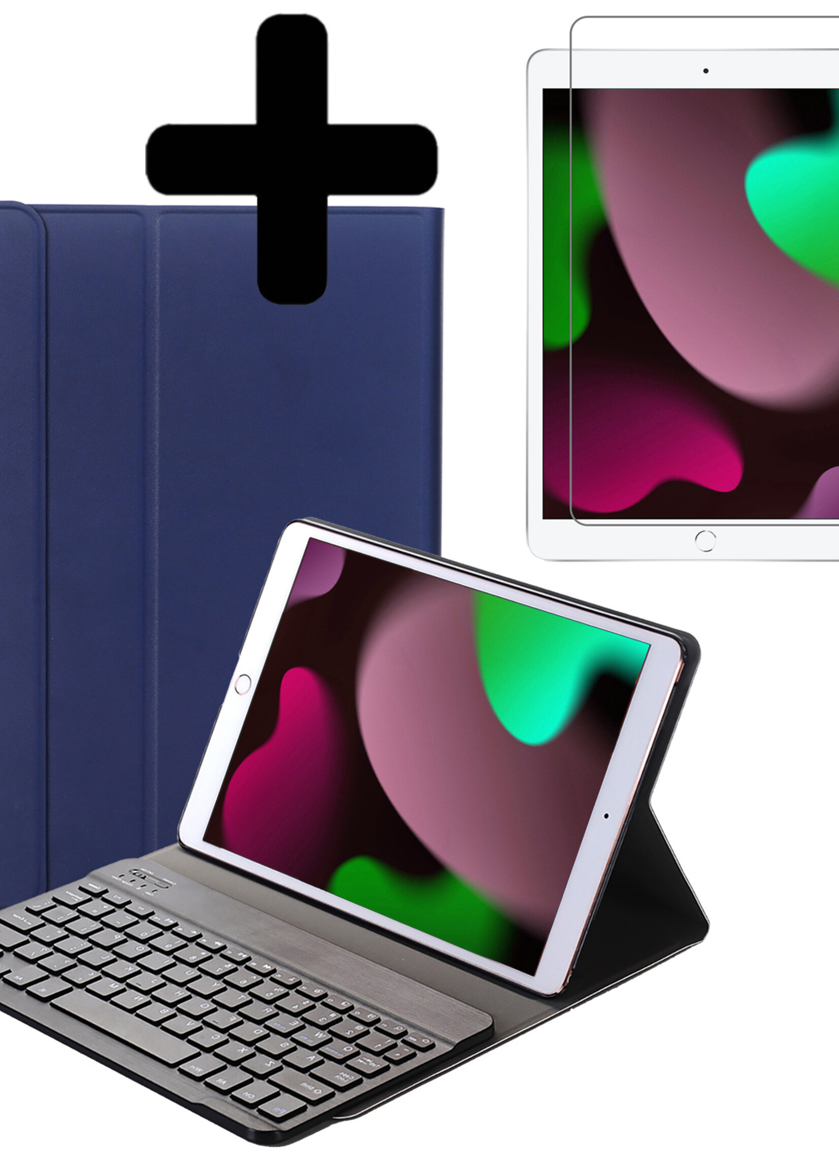 LUQ Hoes Geschikt voor iPad 10.2 2019 Hoes Keyboard Cover Toetsenbord Hoesje Met Screenprotector - Hoesje Geschikt voor iPad 7 Toetsenbord Hoes - Donkerblauw