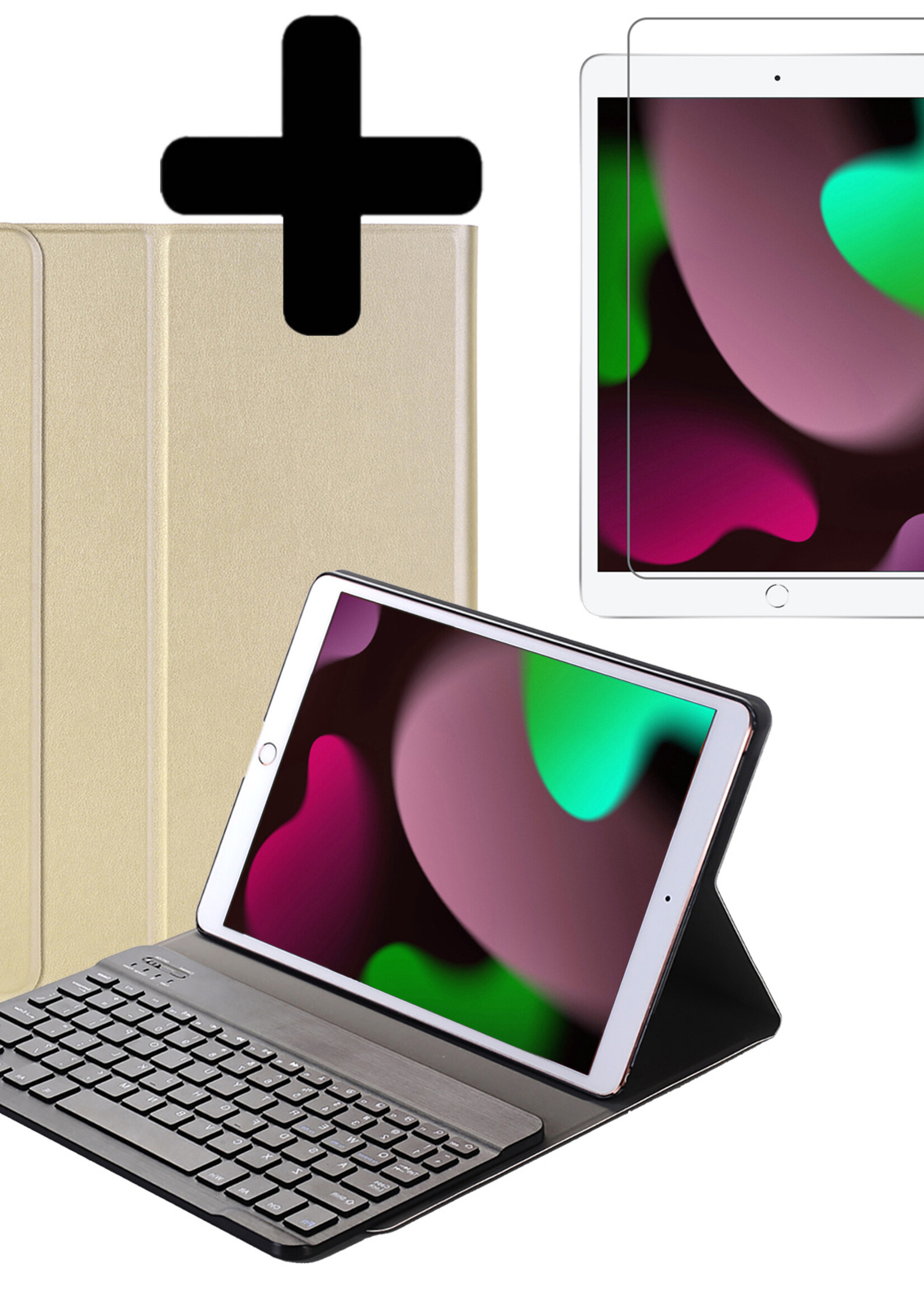 LUQ Hoes Geschikt voor iPad 10.2 2021 Hoes Keyboard Cover Toetsenbord Hoesje Met Screenprotector - Hoesje Geschikt voor iPad 9 Toetsenbord Hoes - Goud