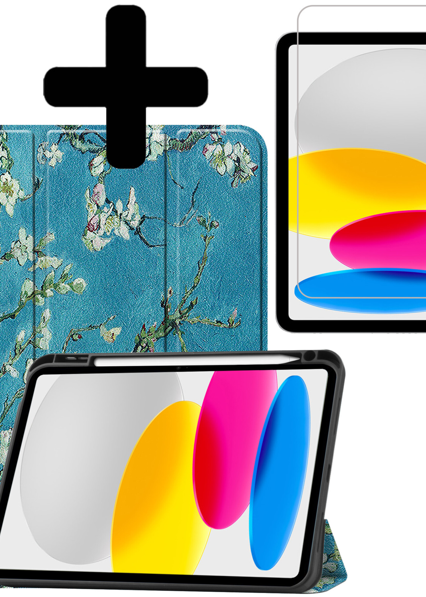 LUQ Hoes Geschikt voor iPad 2022 Hoes Luxe Hoesje Case Met Uitsparing Geschikt voor Apple Pencil Met Screenprotector - Hoesje Geschikt voor iPad 10 Hoes Cover - Bloesem
