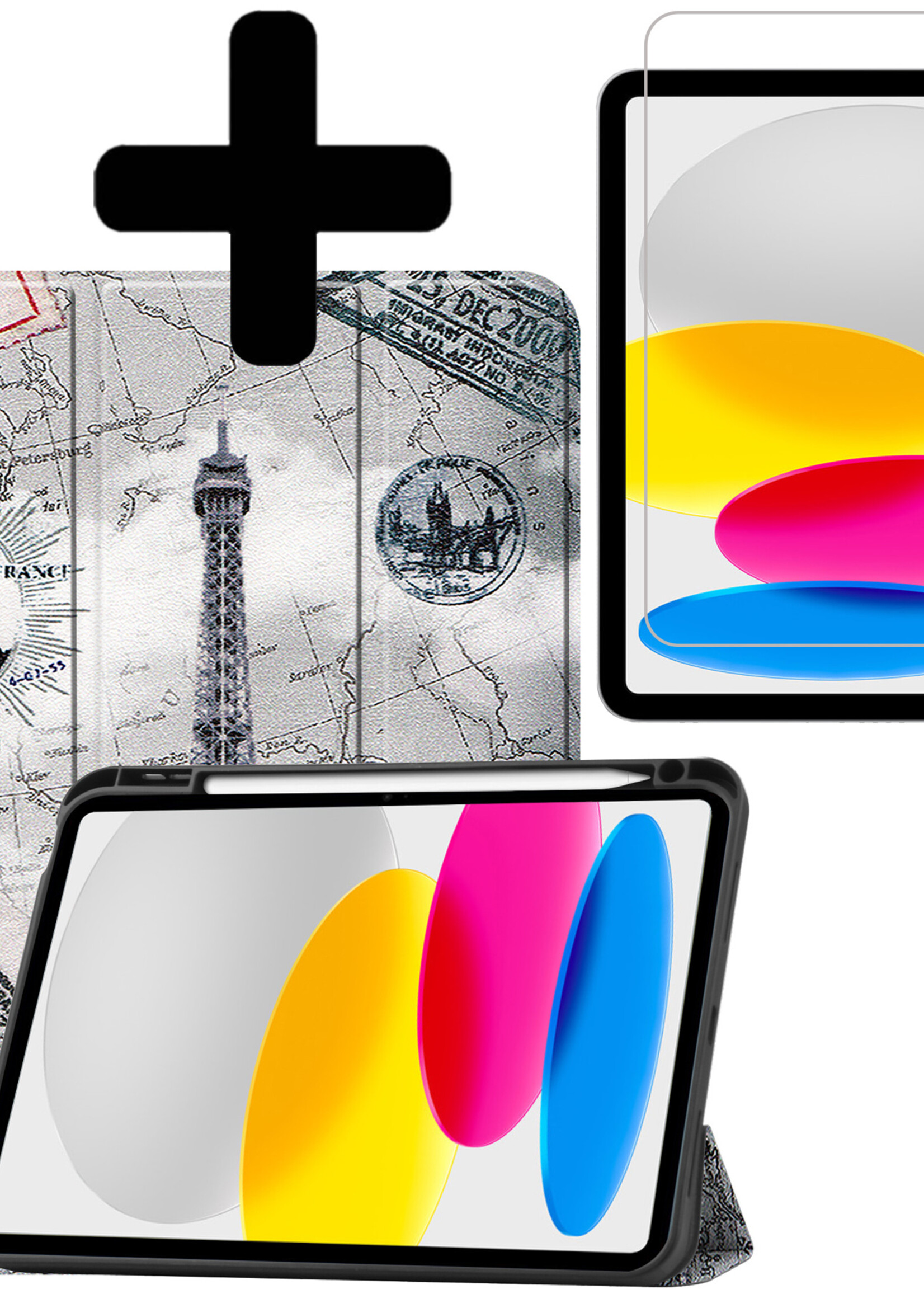 LUQ Hoes Geschikt voor iPad 2022 Hoes Luxe Hoesje Case Met Uitsparing Geschikt voor Apple Pencil Met Screenprotector - Hoesje Geschikt voor iPad 10 Hoes Cover - Eiffeltoren