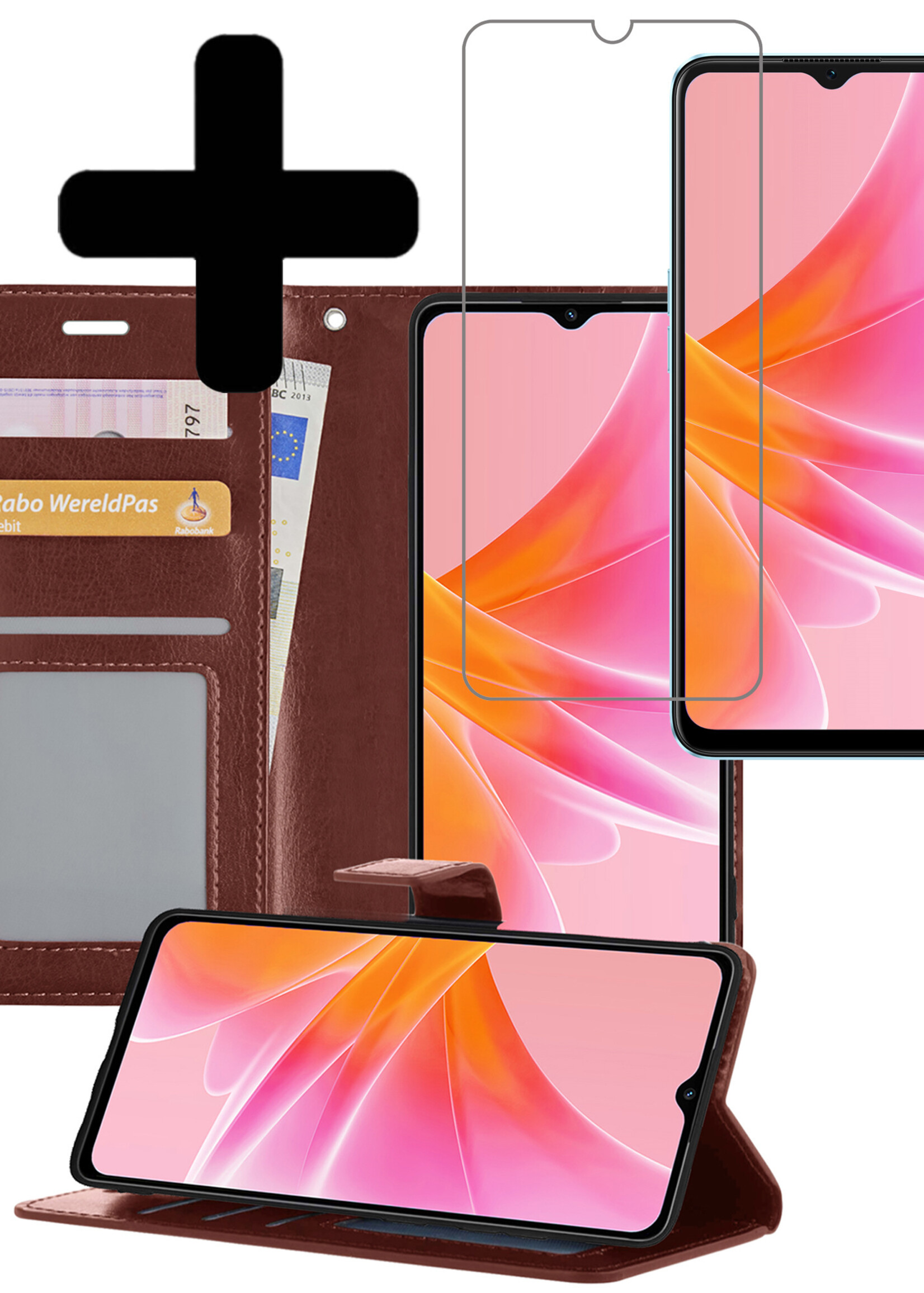 LUQ Hoesje Geschikt voor OPPO A17 Hoesje Book Case Hoes Wallet Cover Met Screenprotector - Hoes Geschikt voor OPPO A17 Hoesje Bookcase Hoes - Bruin