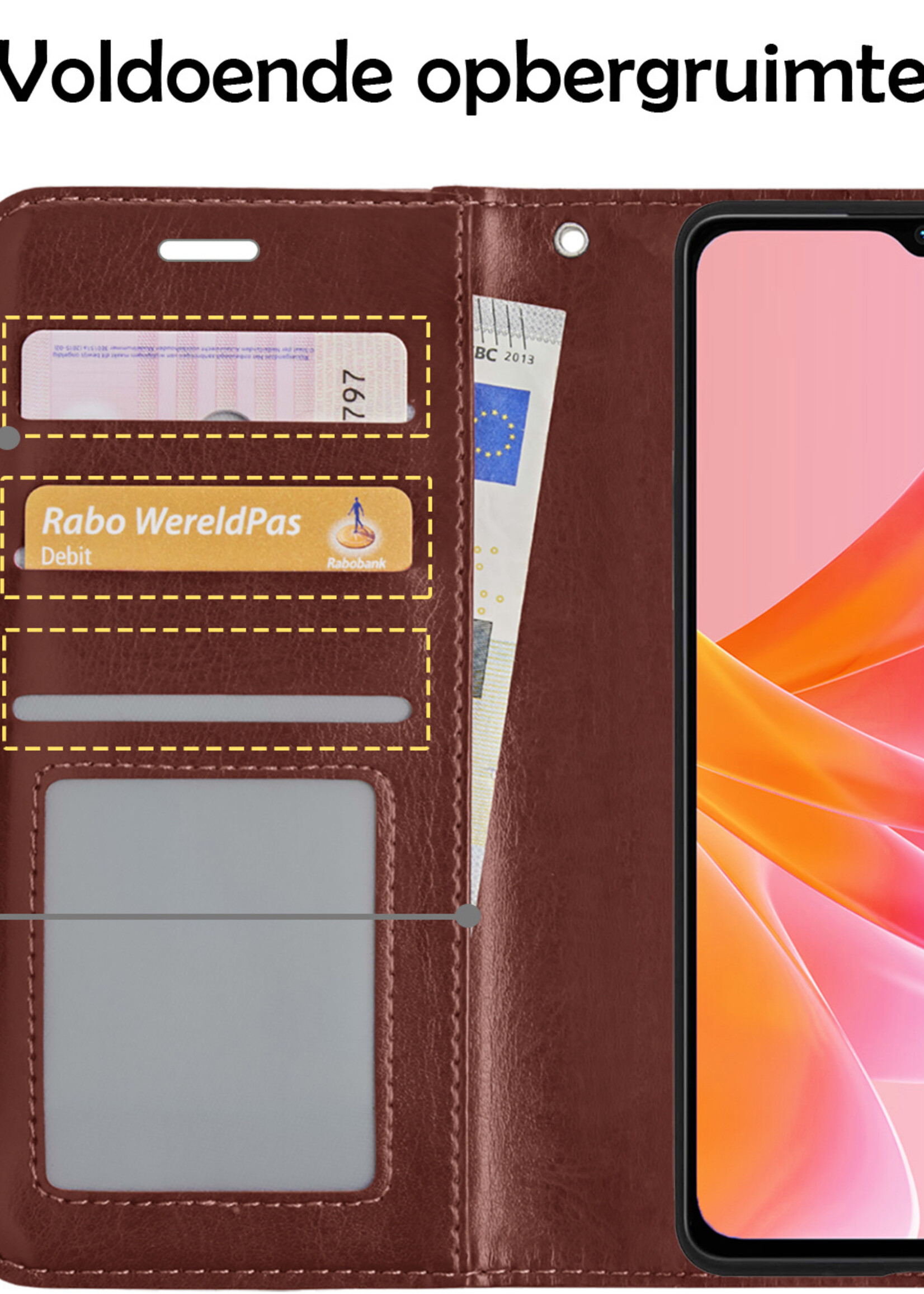 LUQ Hoesje Geschikt voor OPPO A17 Hoesje Book Case Hoes Wallet Cover Met Screenprotector - Hoes Geschikt voor OPPO A17 Hoesje Bookcase Hoes - Bruin