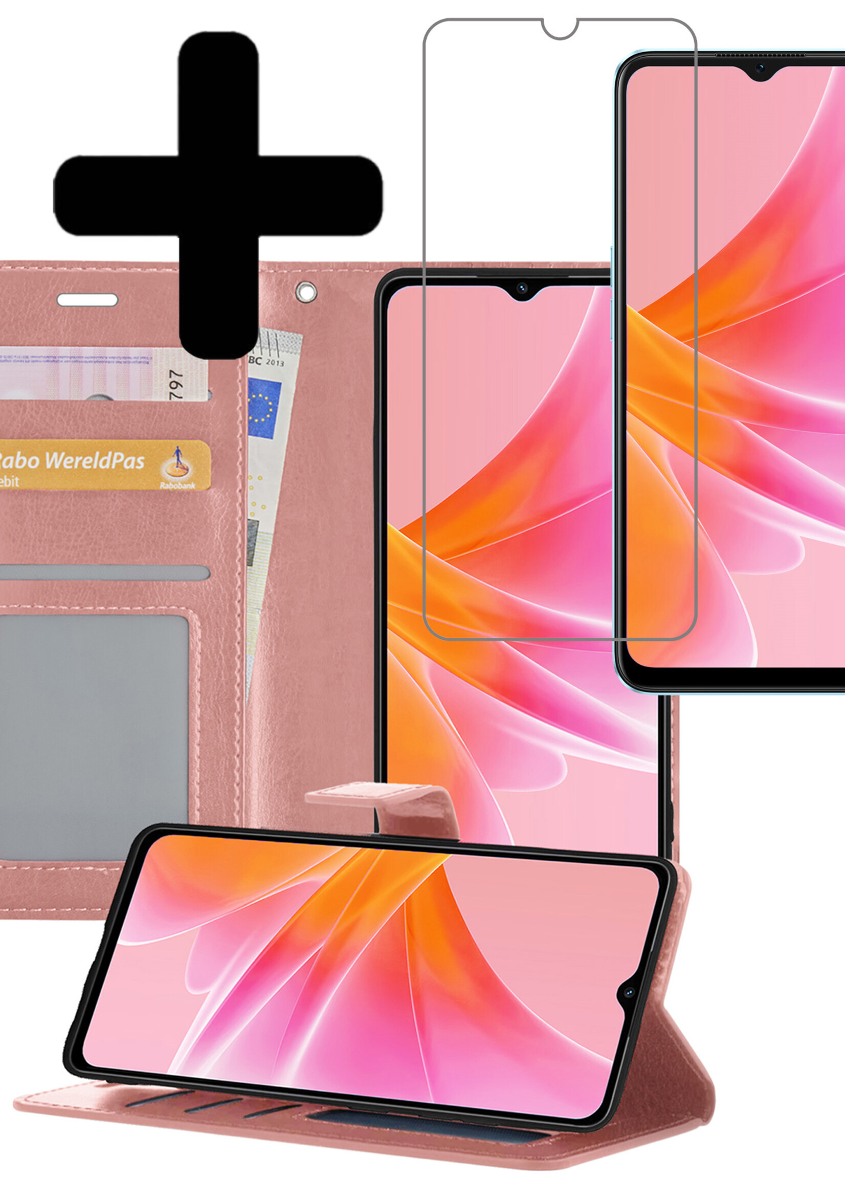 LUQ Hoesje Geschikt voor OPPO A17 Hoesje Book Case Hoes Wallet Cover Met Screenprotector - Hoes Geschikt voor OPPO A17 Hoesje Bookcase Hoes - Rosé goud