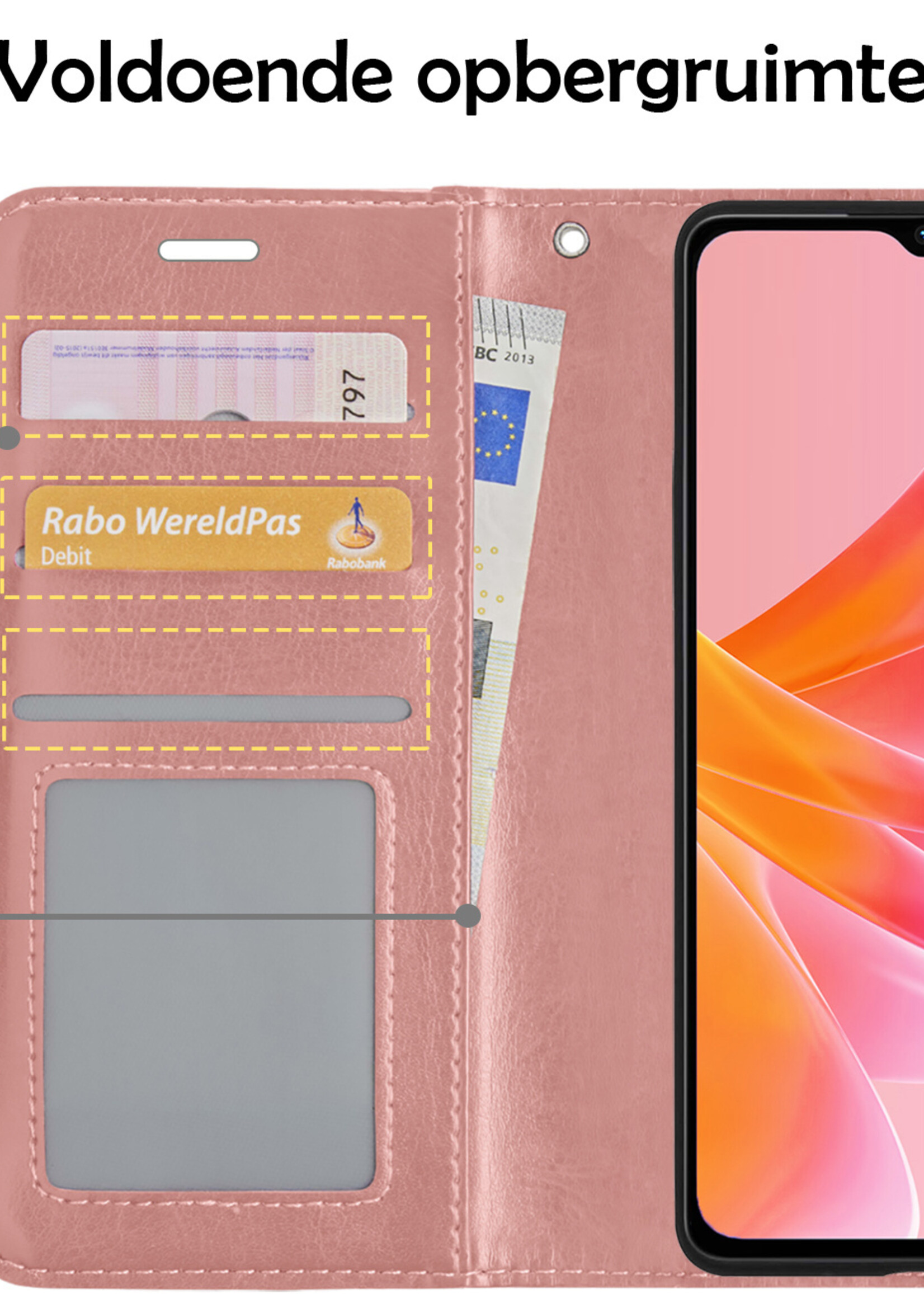 LUQ Hoesje Geschikt voor OPPO A17 Hoesje Book Case Hoes Wallet Cover Met Screenprotector - Hoes Geschikt voor OPPO A17 Hoesje Bookcase Hoes - Rosé goud