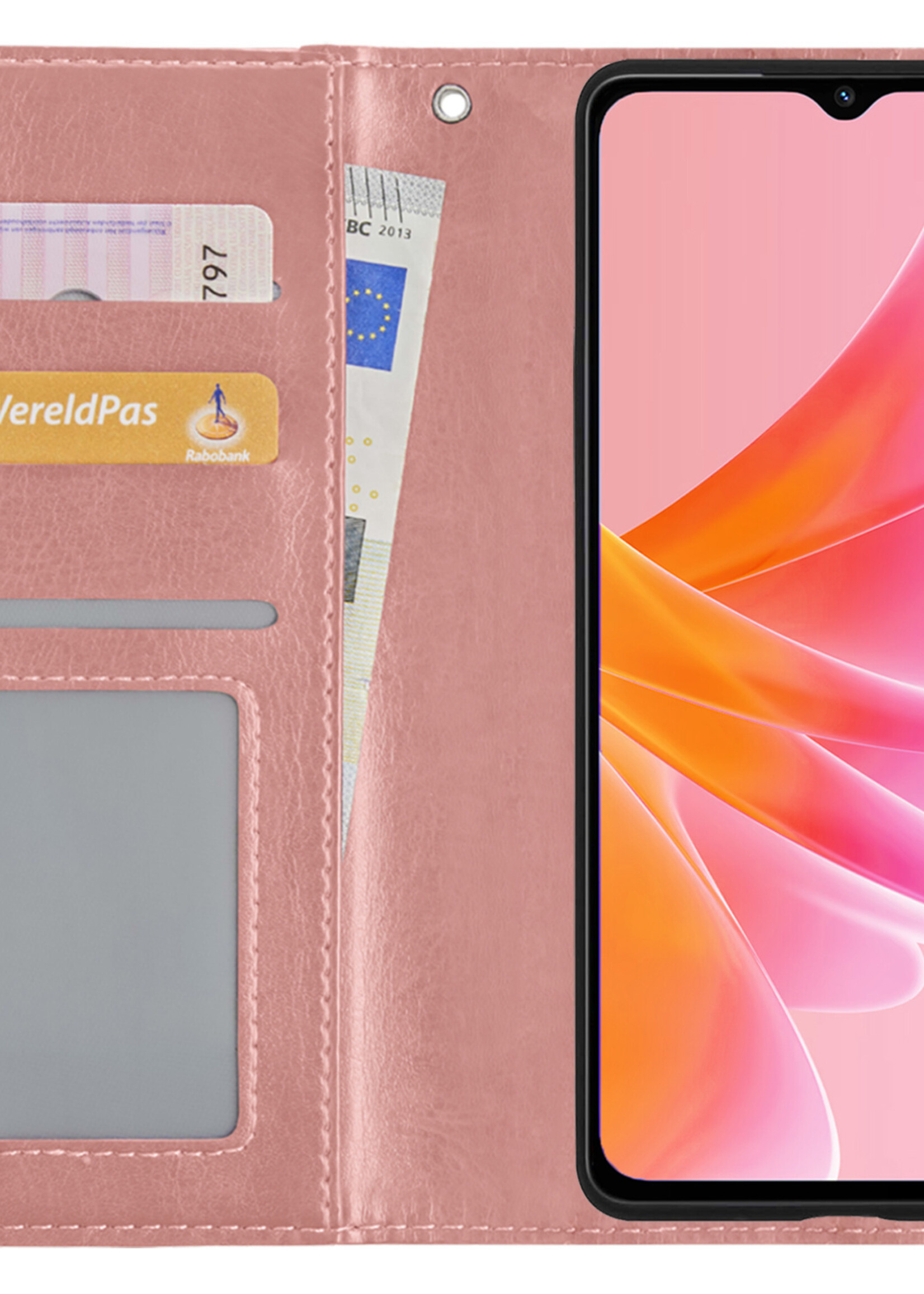 Hoesje Geschikt voor OPPO A17 Hoesje Book Case Hoes Wallet Cover Met Screenprotector - Hoes Geschikt voor OPPO A17 Hoesje Bookcase Hoes - Rosé goud