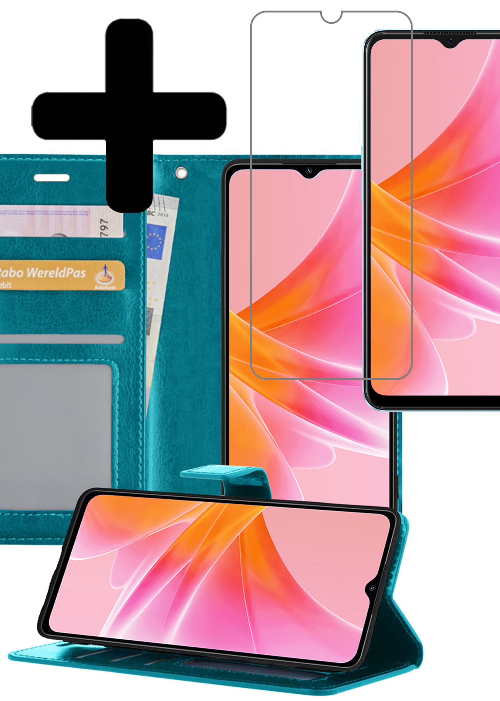 LUQ Hoesje Geschikt voor OPPO A17 Hoesje Book Case Hoes Wallet Cover Met Screenprotector - Hoes Geschikt voor OPPO A17 Hoesje Bookcase Hoes - Turquoise