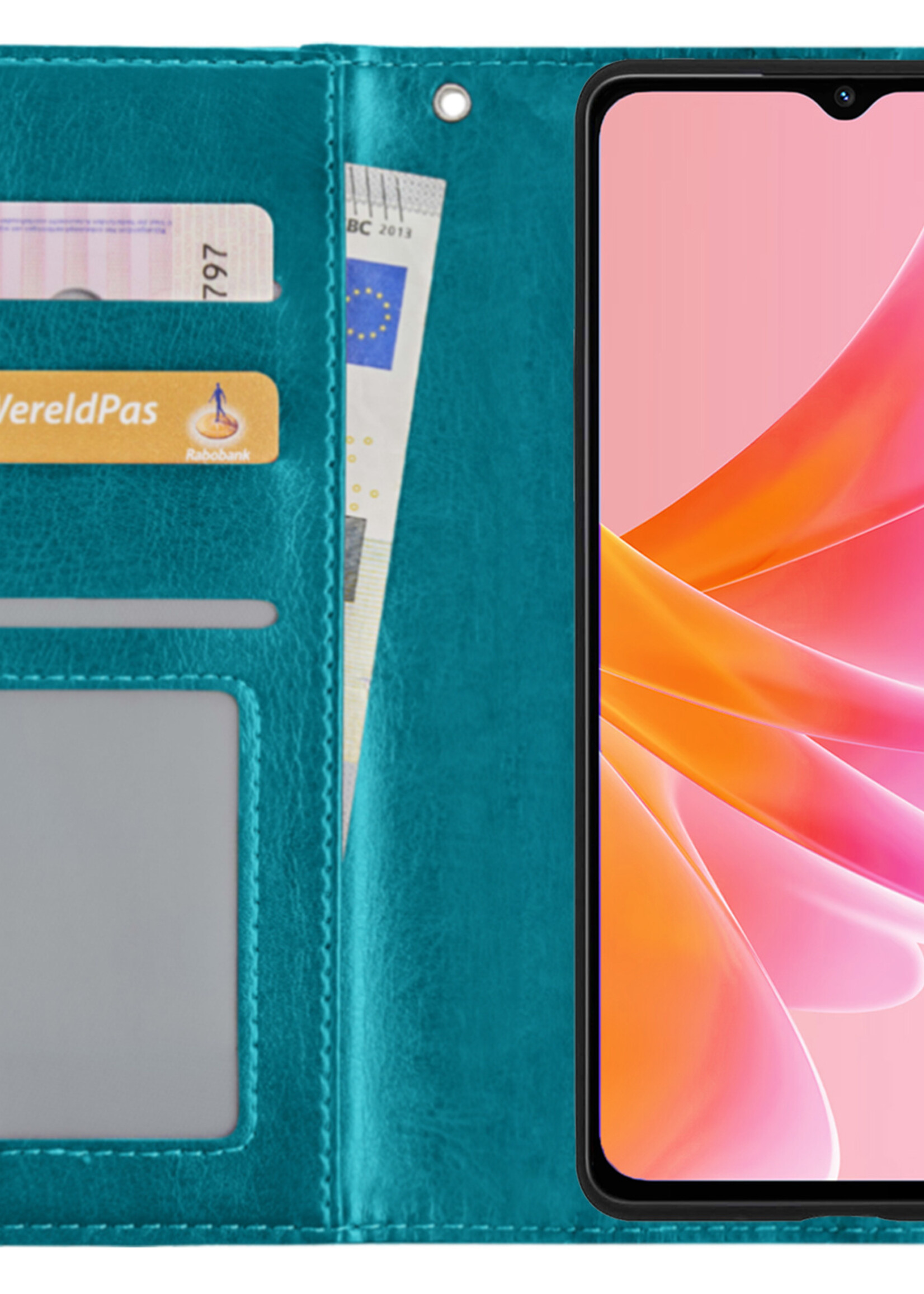 Hoesje Geschikt voor OPPO A17 Hoesje Book Case Hoes Wallet Cover Met Screenprotector - Hoes Geschikt voor OPPO A17 Hoesje Bookcase Hoes - Turquoise