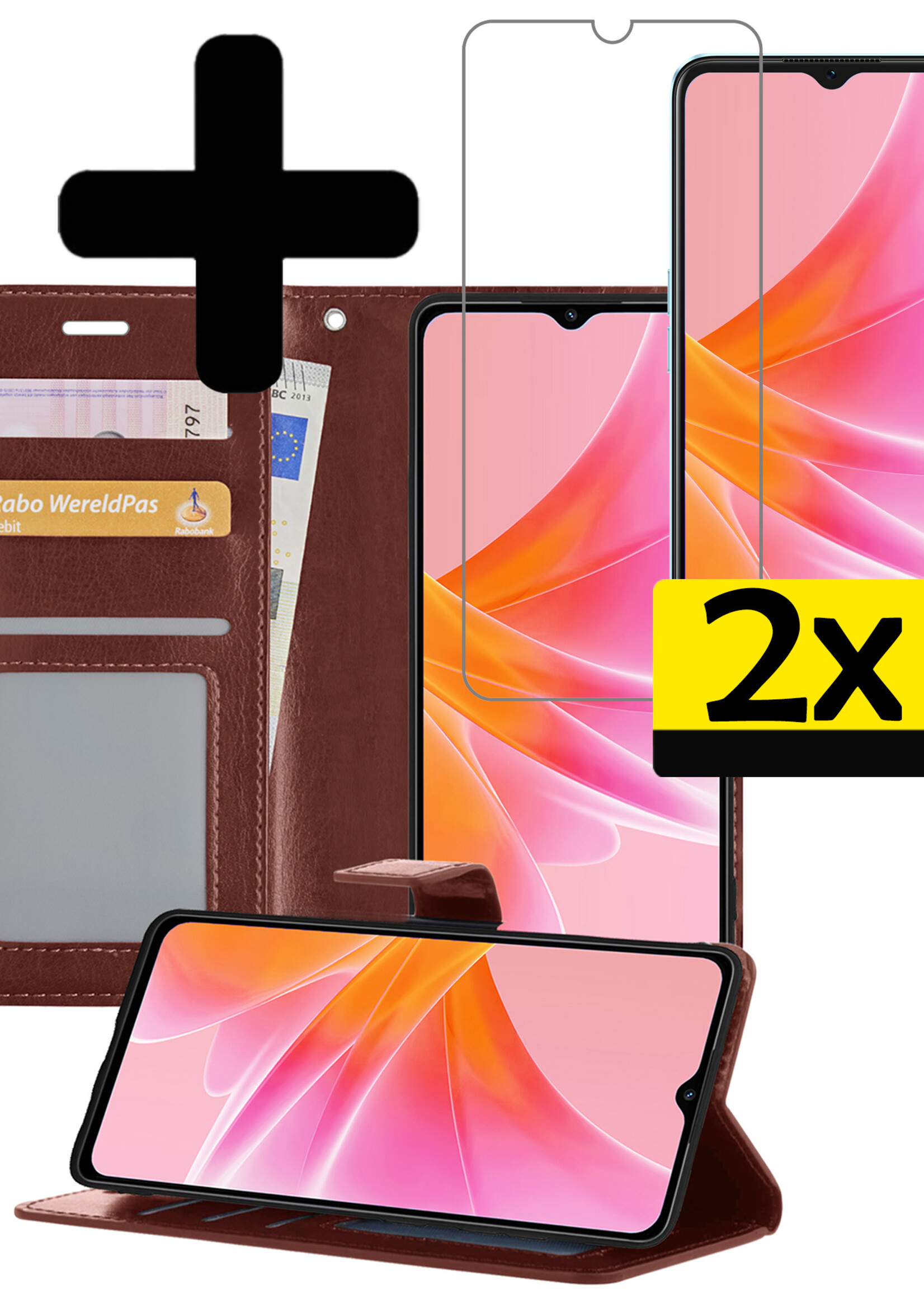 LUQ Hoesje Geschikt voor OPPO A17 Hoesje Book Case Hoes Wallet Cover Met 2x Screenprotector - Hoes Geschikt voor OPPO A17 Hoesje Bookcase Hoes - Bruin