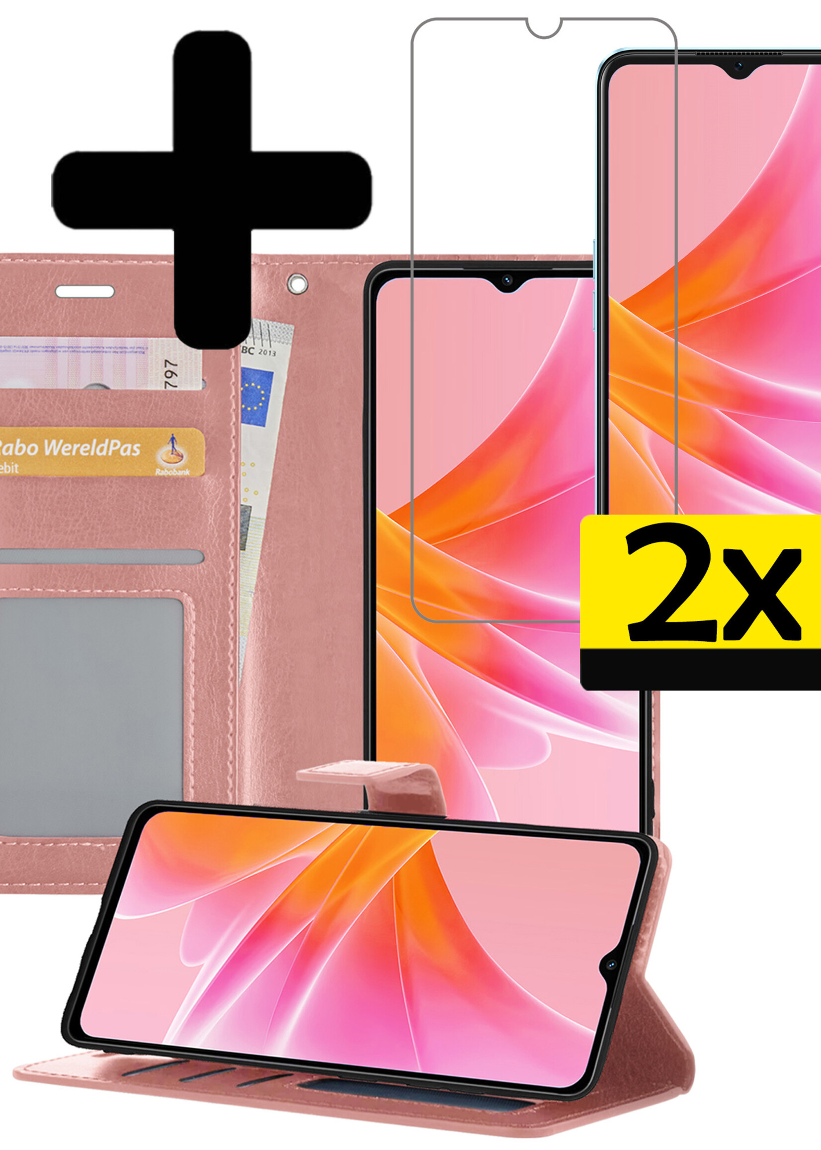 LUQ Hoesje Geschikt voor OPPO A17 Hoesje Book Case Hoes Wallet Cover Met 2x Screenprotector - Hoes Geschikt voor OPPO A17 Hoesje Bookcase Hoes - Rosé goud